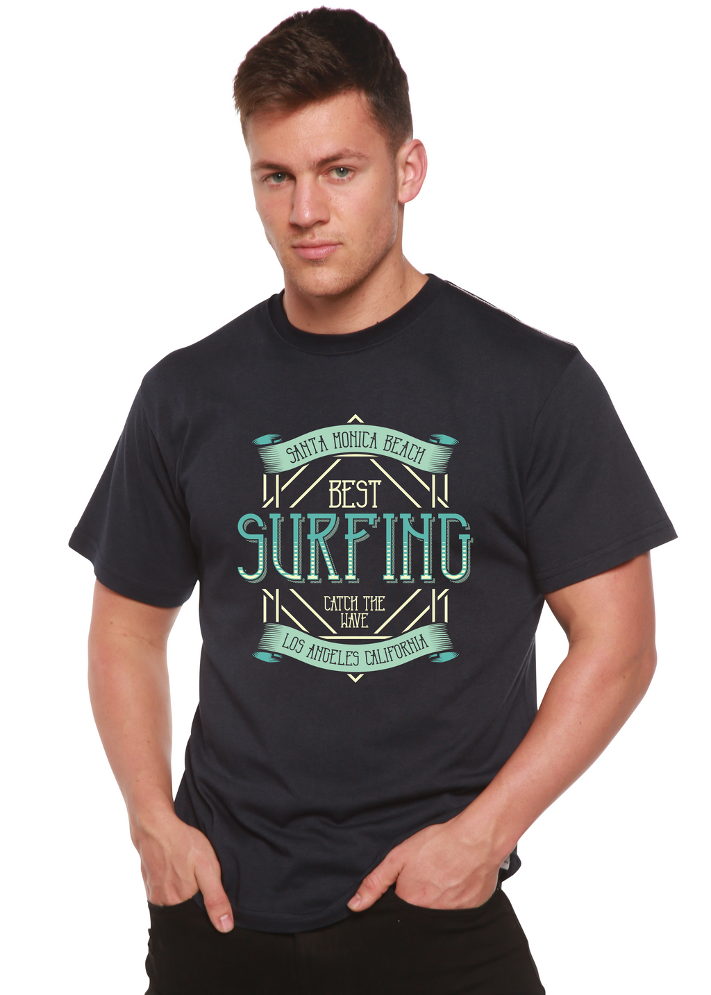 Spun Bamboo Best Surfing Men's Bamboo Viscose/Organic Cotton Short Sleeve Graphic T-Shirt — detail close-up