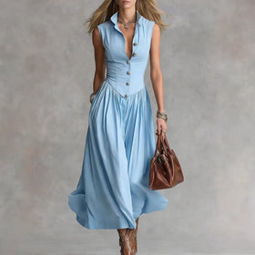 Women's Sleeveless Lapel Collar Maxi Dress – Slim Fit Patchwork