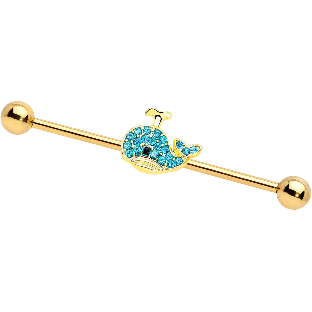 BodyCandy 14G Aqua Gem Gold Tone What A Whale Industrial Barbell 38mm — main product shot