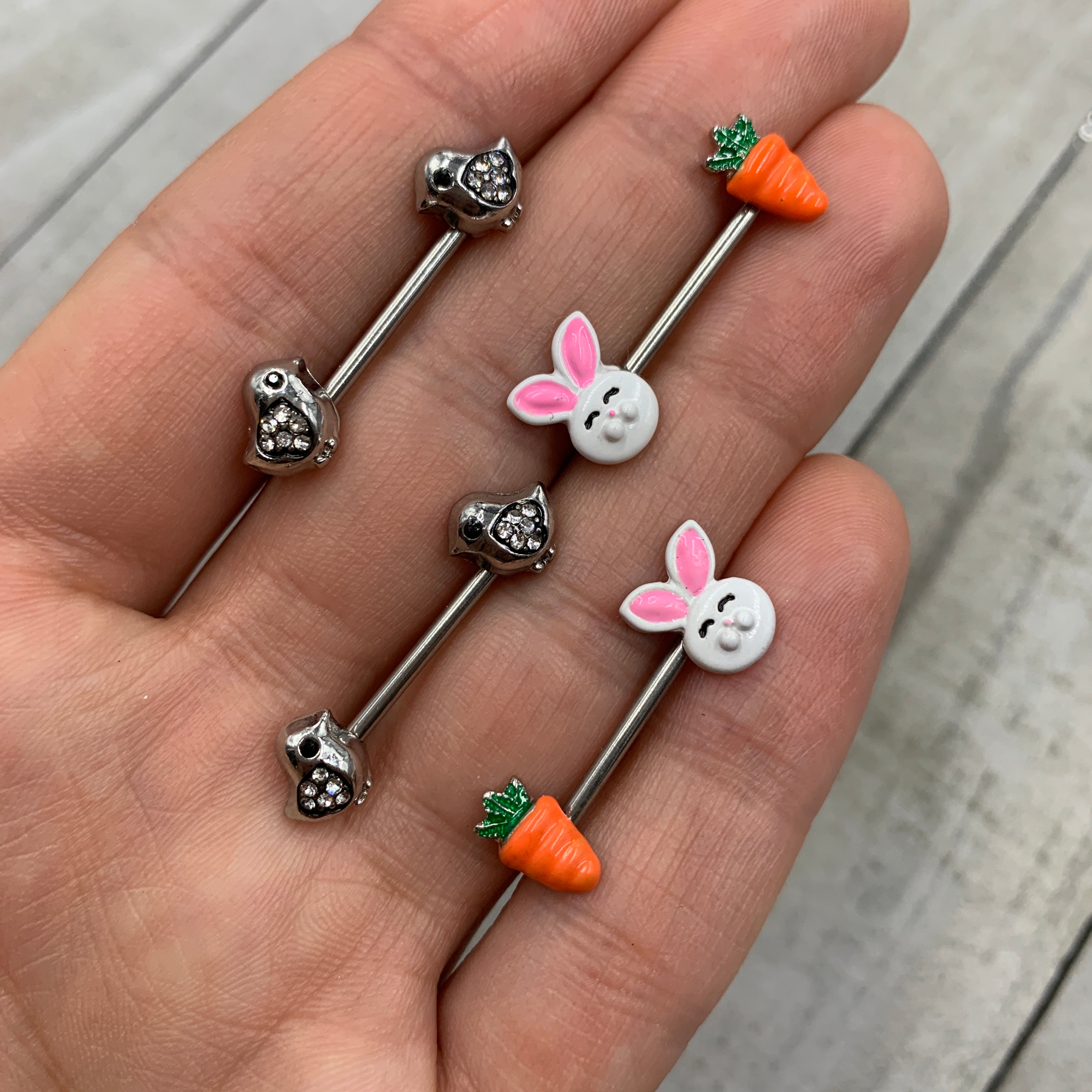 BodyCandy 14G 9/16 Carrot Easter Bunny Barbell Nipple Ring Set — detail close-up