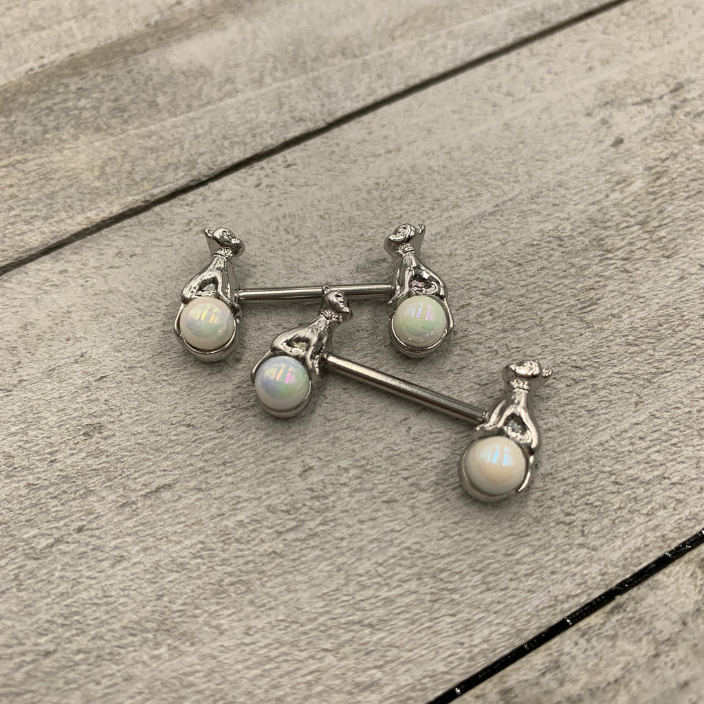 BodyCandy 14G 9/16 White Orb Baby Bear Barbell Nipple Ring Set — detail close-up