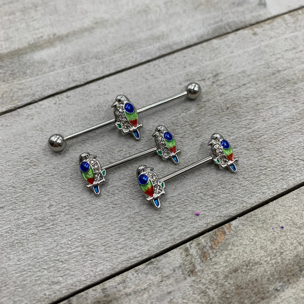 BodyCandy 14G 9/16 Clear Gem Tropical Parrot Bird Barbell Nipple Ring Set — detail close-up