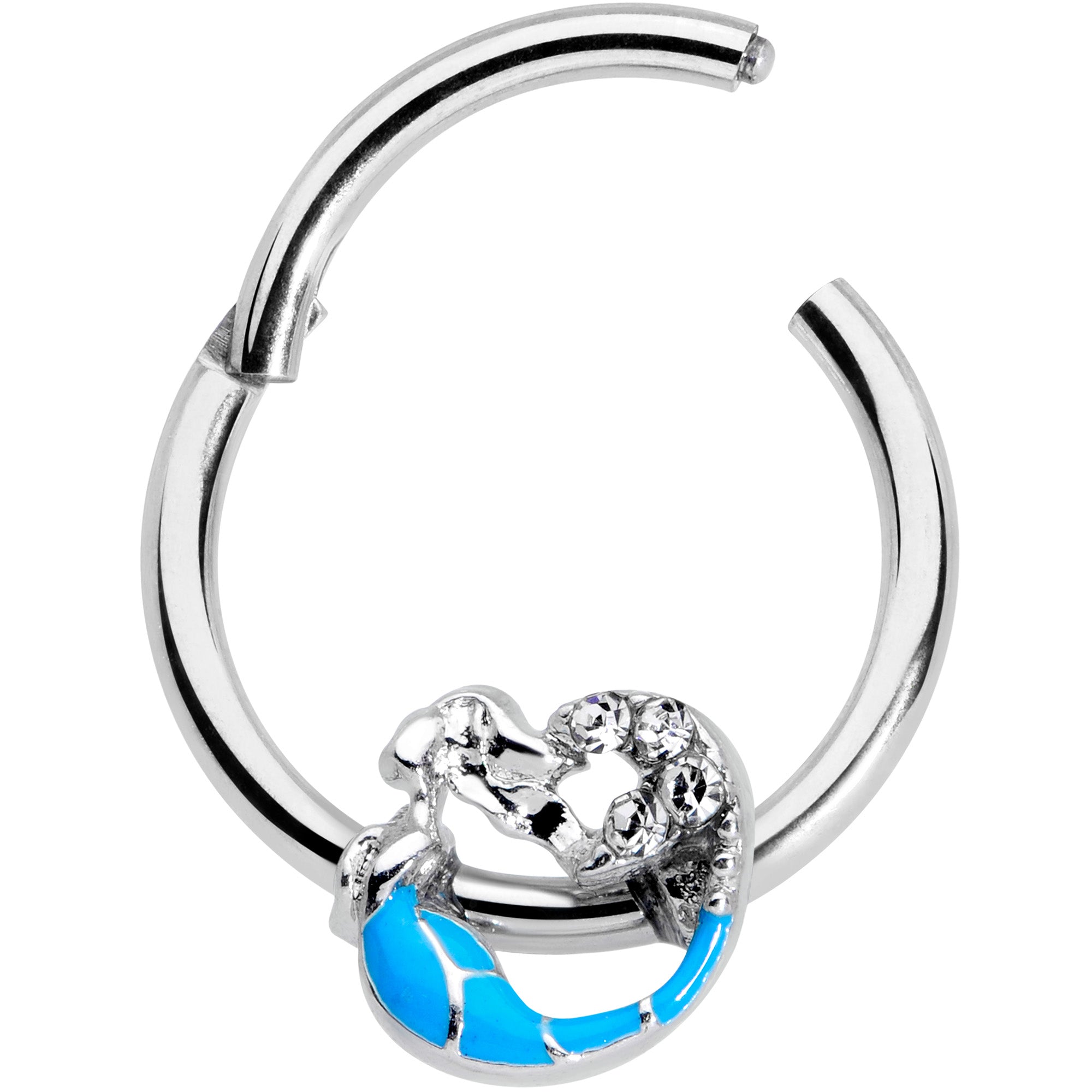 BodyCandy 16G 3/8 Clear Gem Blue Curved Mermaid Hinged Segment Ring — detail close-up