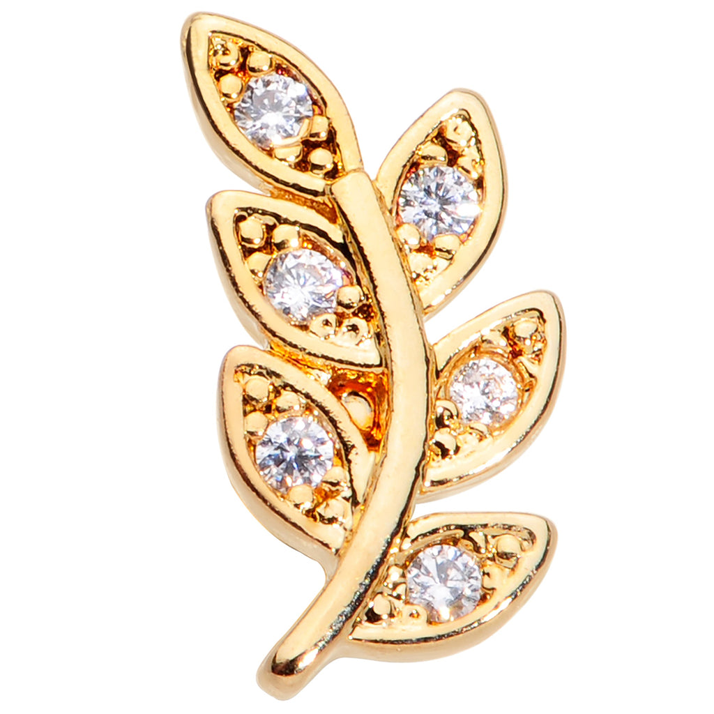BodyCandy 16G 1/4 Clear CZ Gem Gold Tone Leaf Internally Threaded Labret — detail close-up