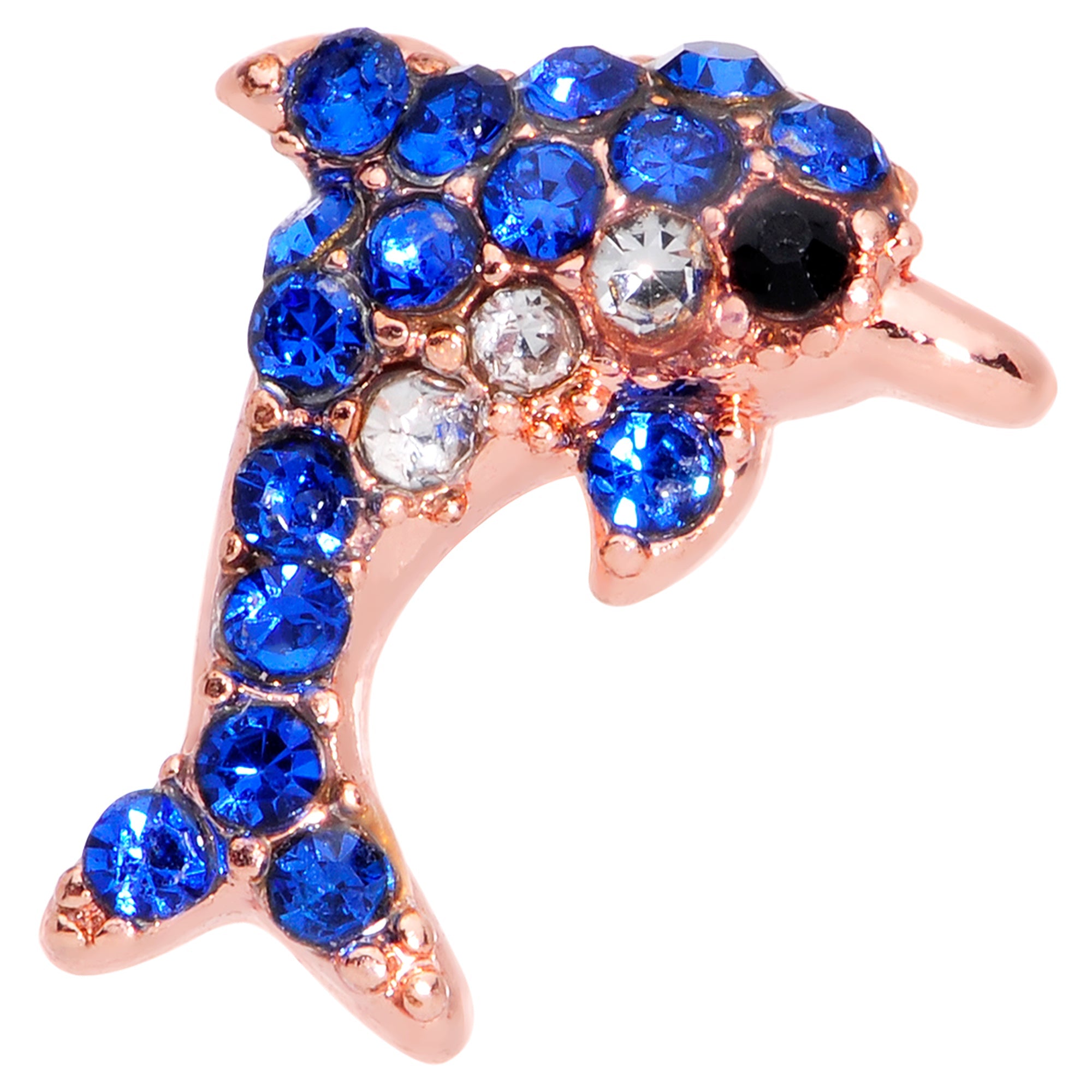 BodyCandy 16G 5/16 Blue Gem Rose Gold Tone Dolphin Labret Monroe Tragus — detail close-up