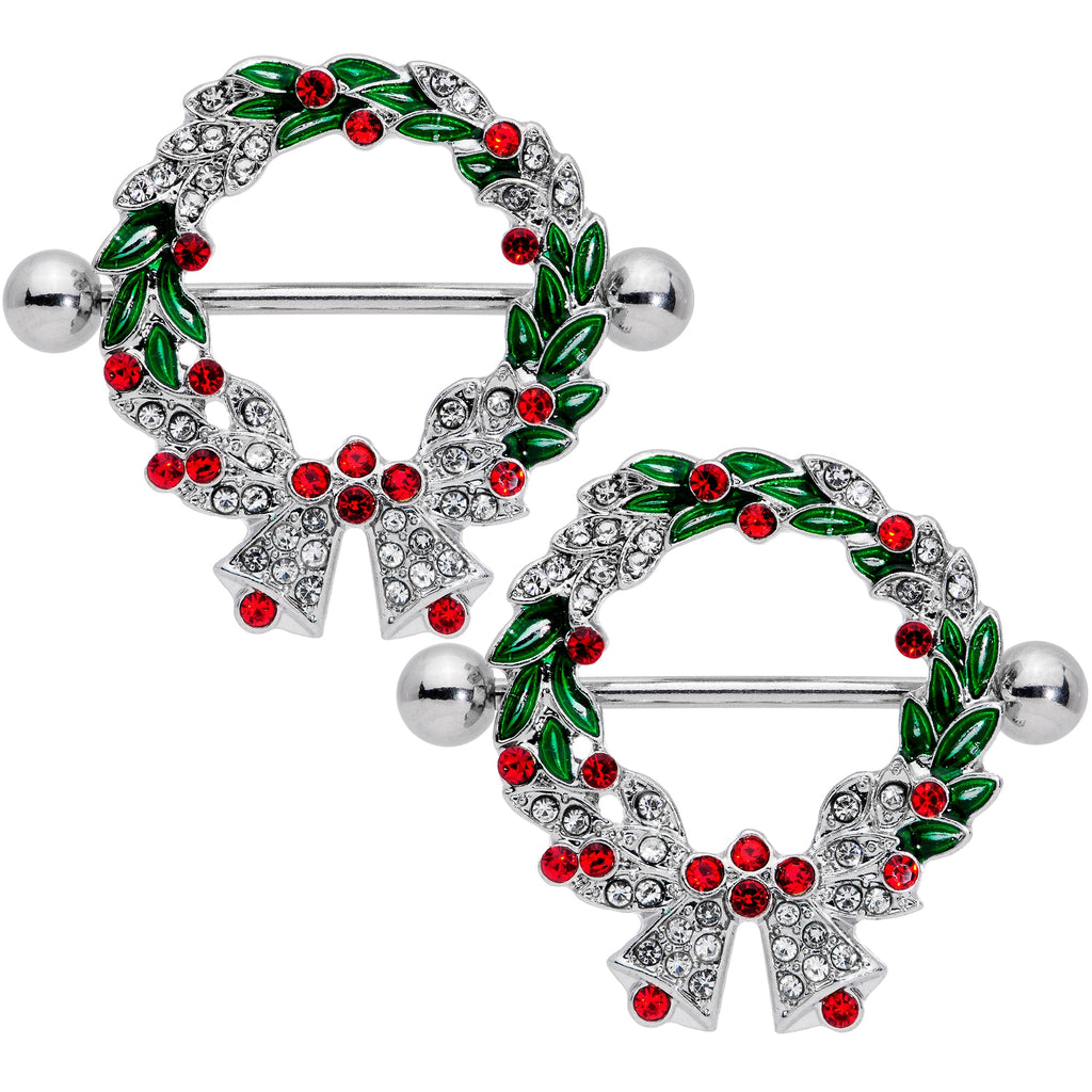 BodyCandy 14G 11/16 Red Green Gem Christmas Wreath Nipple Shield Set — main product shot