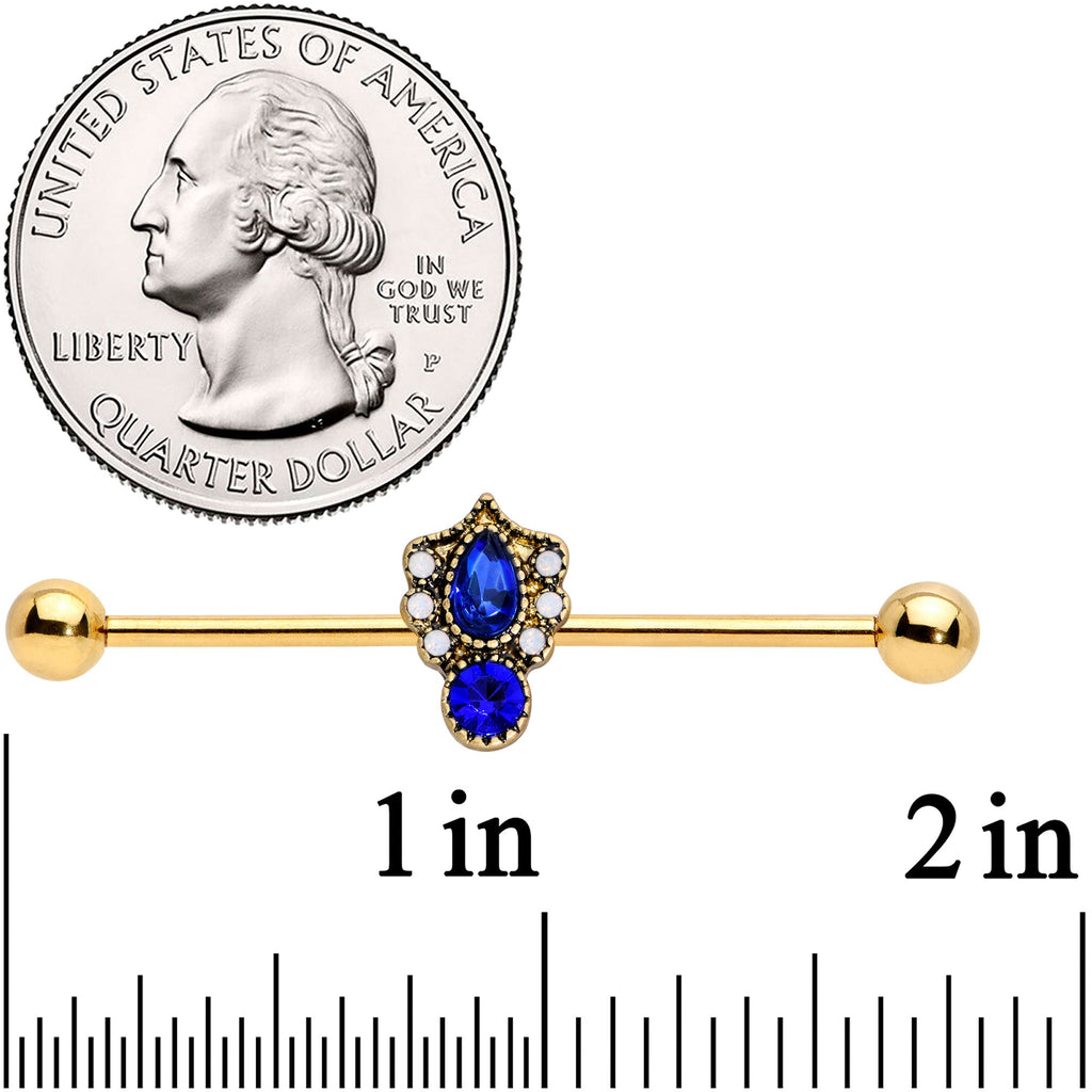 BodyCandy 14G Blue Gem Gold Tone Heirloom Teardrop Industrial Barbell 38mm — detail close-up