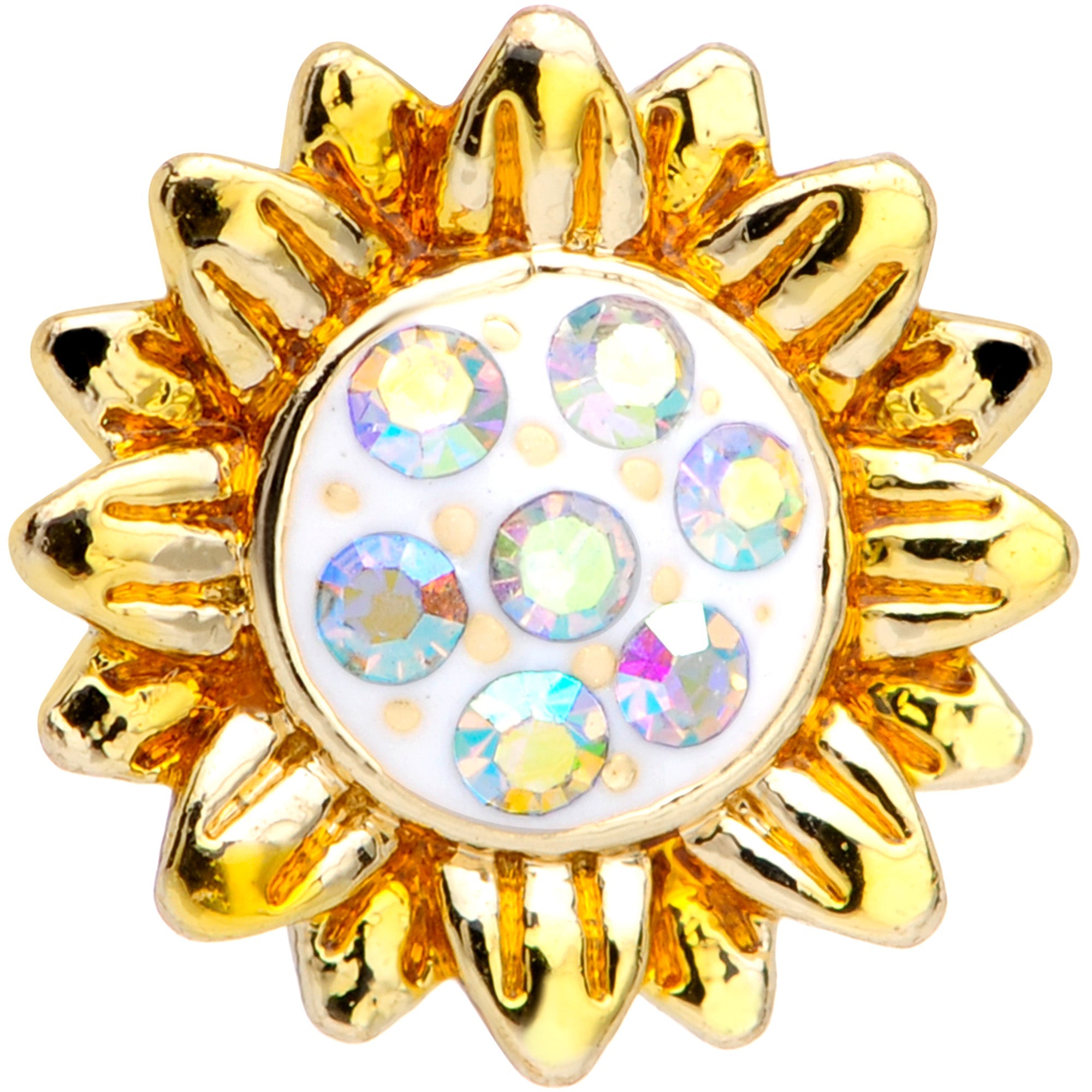 BodyCandy 16G 1/4 Aurora Gem Scintillating Sunflower Cartilage Tragus — detail close-up