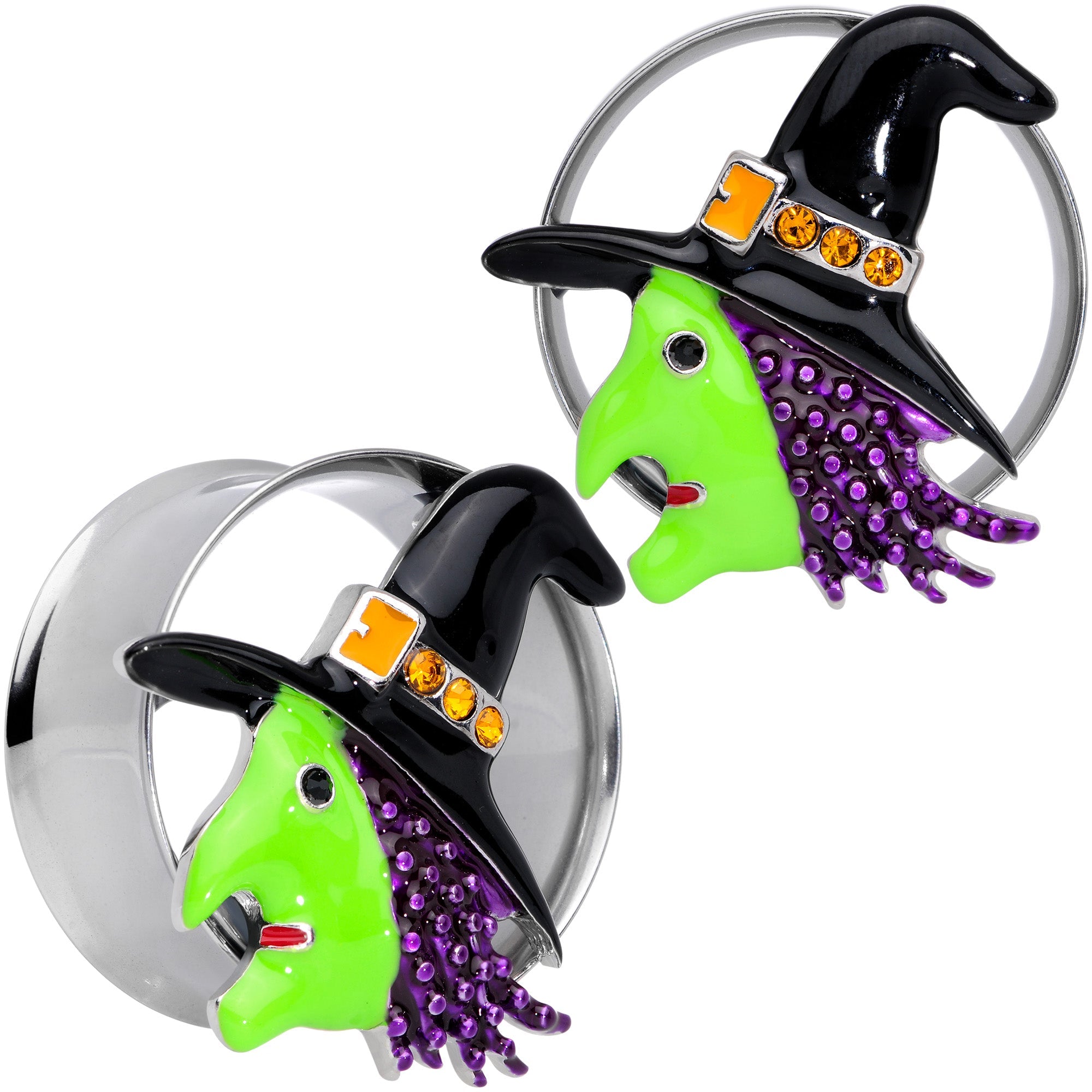 BodyCandy Orange Gem Green Witch Halloween Double Flare Tunnel Plug Set — comparison shot