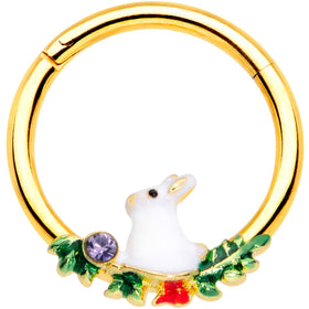 16G 3/8 Purple Gem Gold Tone White Rabbit Hinged Segment Ring