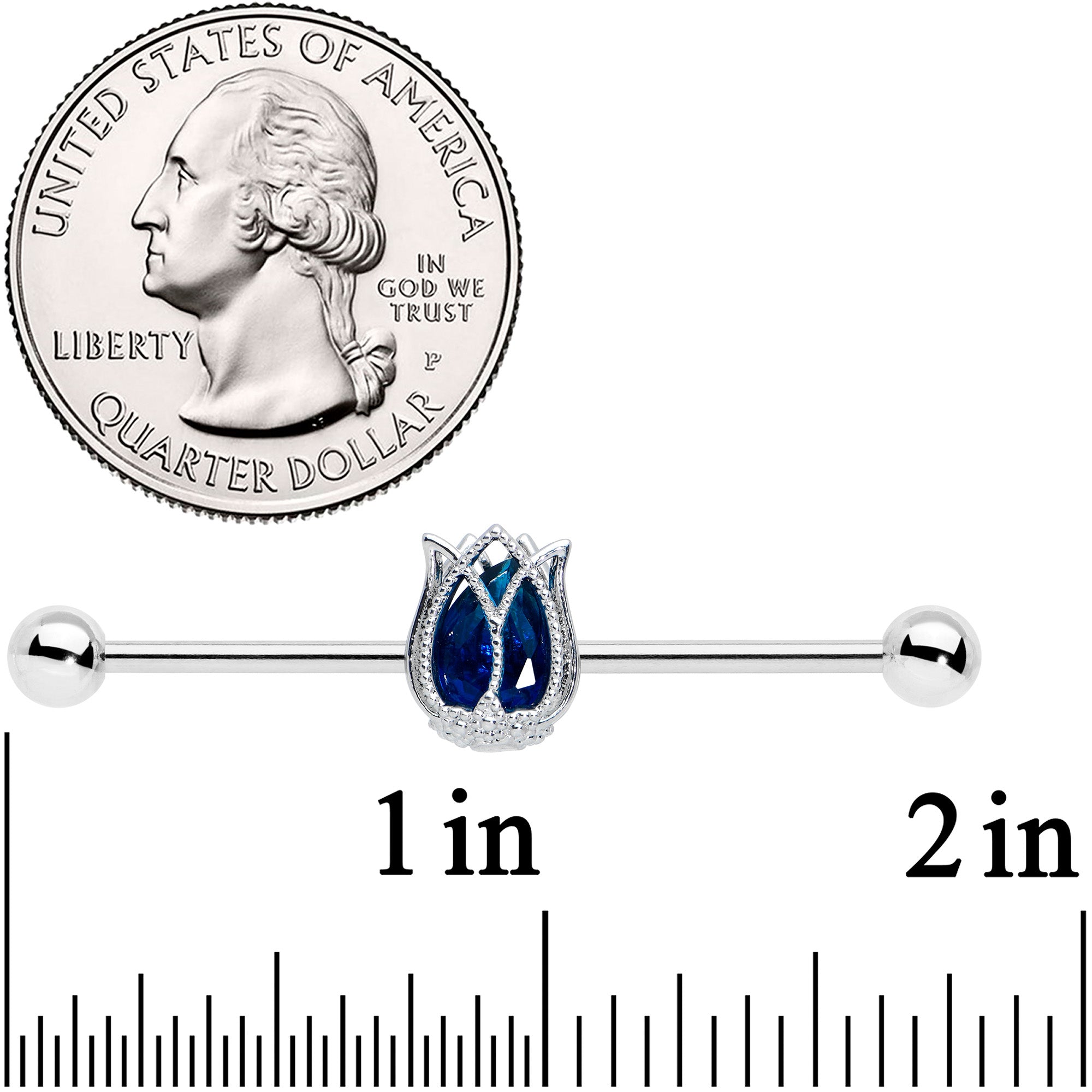 BodyCandy 14G Blue Gem Tulip Flower Industrial Barbell 38mm — detail close-up