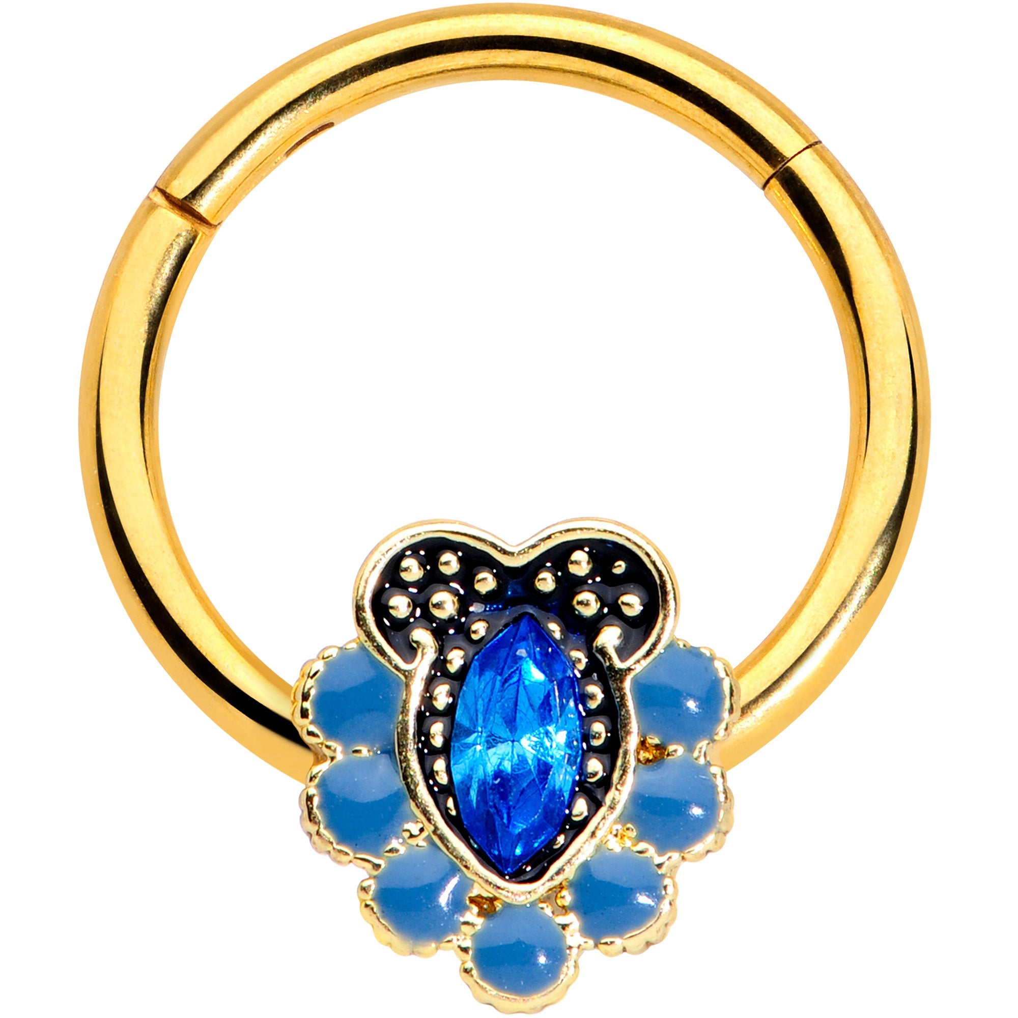 BodyCandy 16G 3/8 Blue Gem Gold Tone Opulent Oval Hinged Segment Ring — main product shot