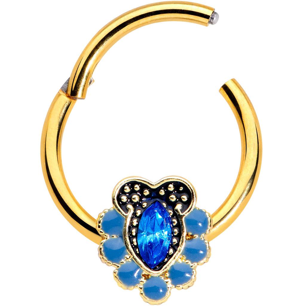 BodyCandy 16G 3/8 Blue Gem Gold Tone Opulent Oval Hinged Segment Ring — detail close-up