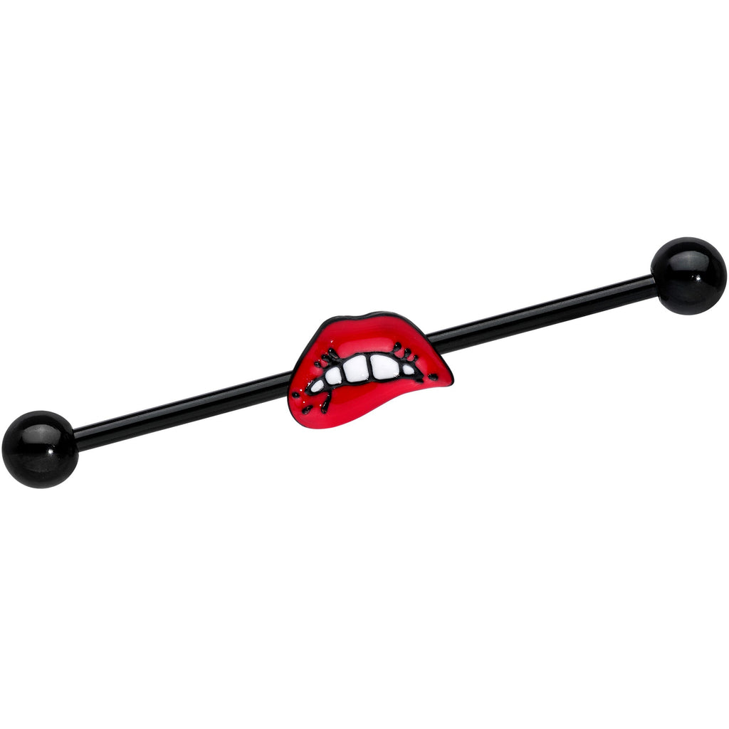 BodyCandy 14G Black Red Sneering Bite Lips Industrial Barbell 38mm — main product shot