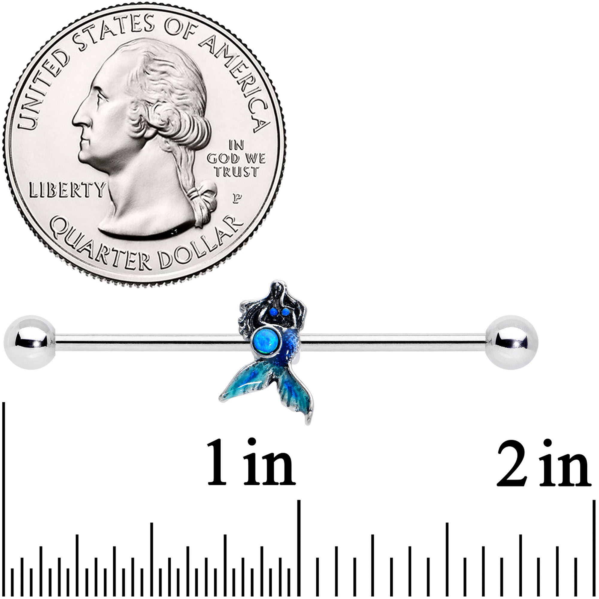 BodyCandy 14G Blue Faux Opal Blue Tail Mermaid Industrial Barbell 38mm — detail close-up