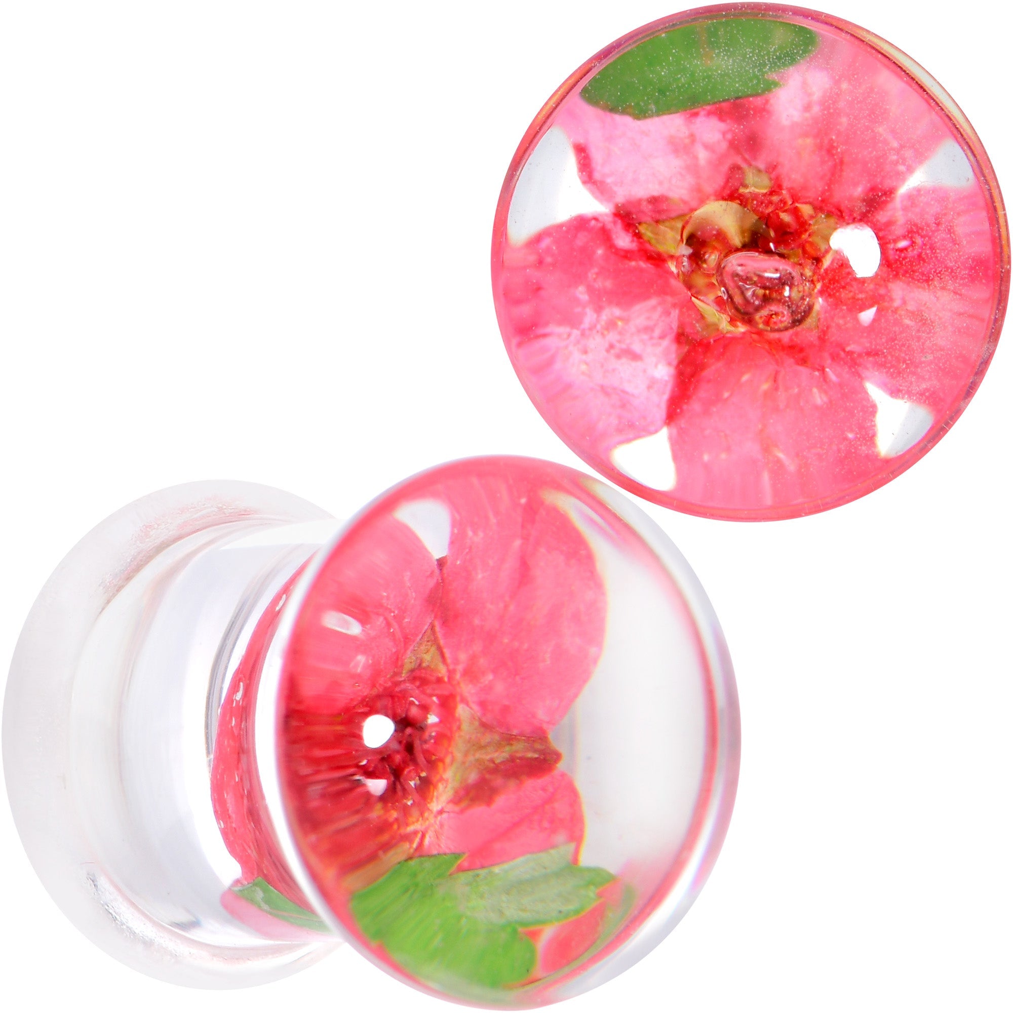 BodyCandy Clear Acrylic Color Pressed Flower Double Flare Plug Set — main product shot