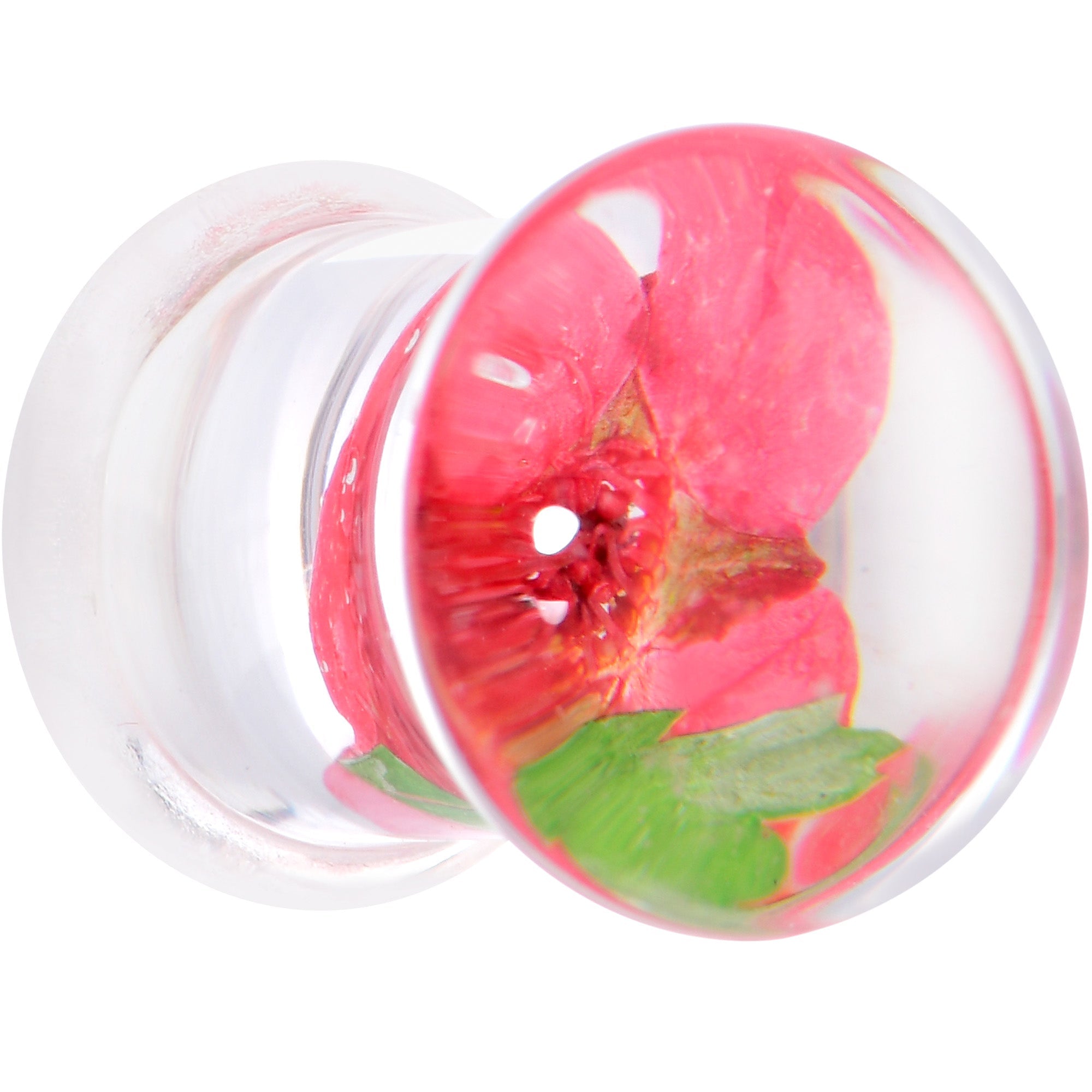 BodyCandy Clear Acrylic Color Pressed Flower Double Flare Plug Set — detail close-up