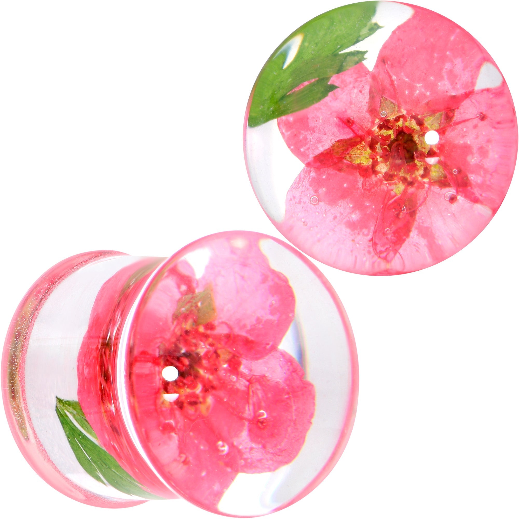 BodyCandy Clear Acrylic Color Pressed Flower Double Flare Plug Set — in-use photo