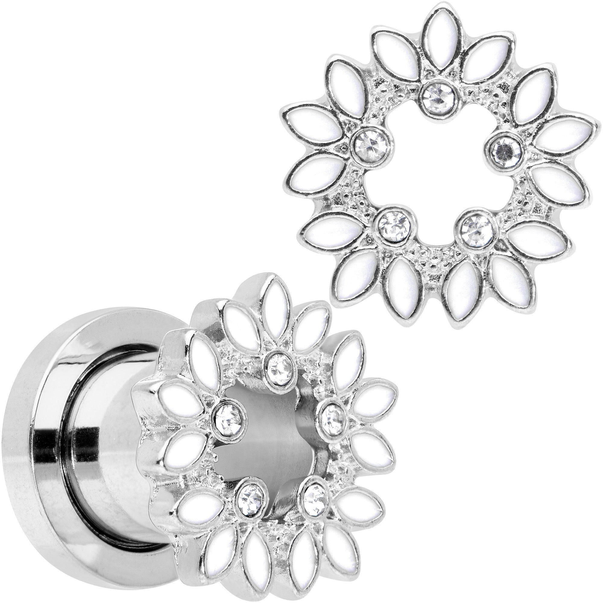 BodyCandy Clear Gem White Leaves Screw Fit Tunnel Plug Set — in-use photo