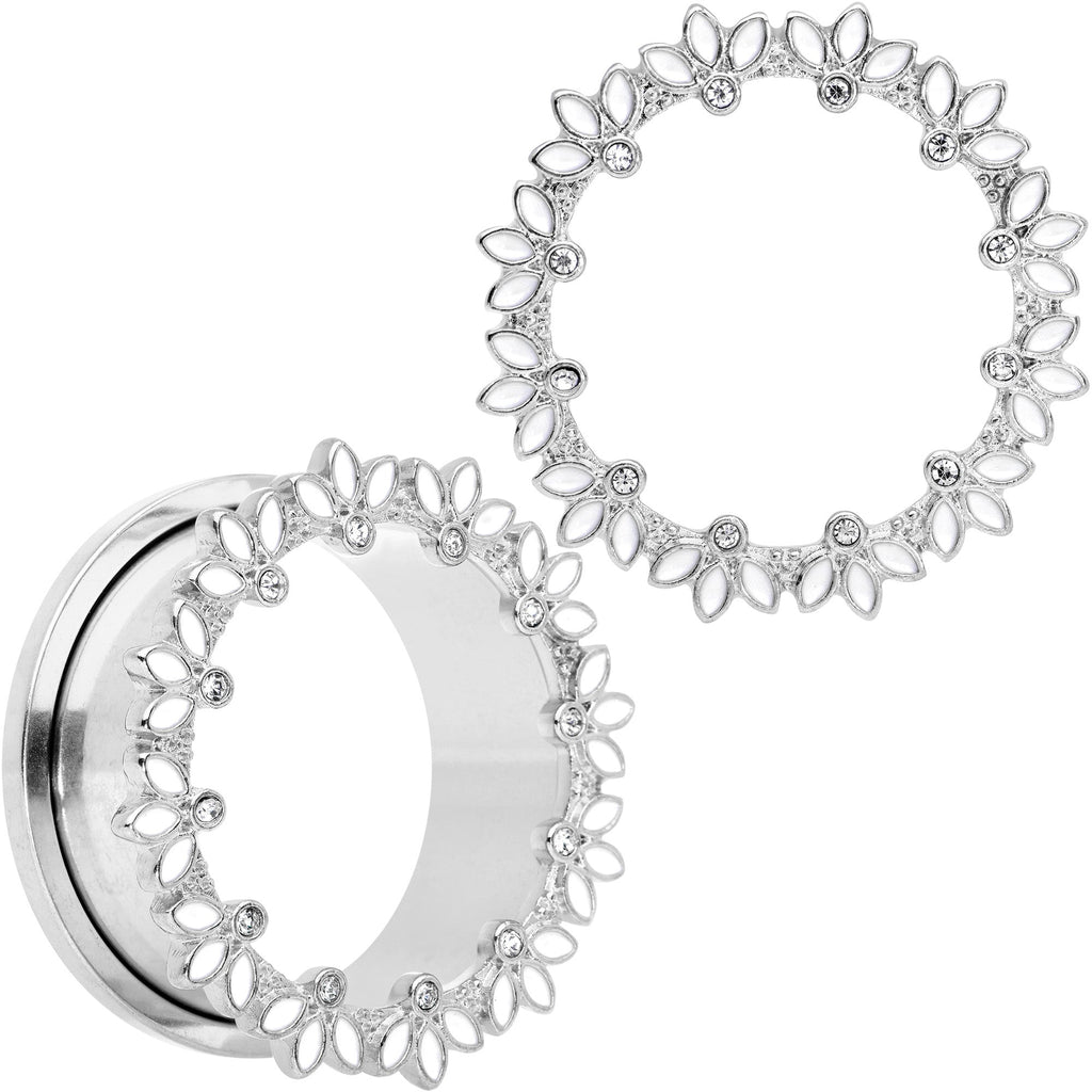 BodyCandy Clear Gem White Leaves Screw Fit Tunnel Plug Set — detail close-up