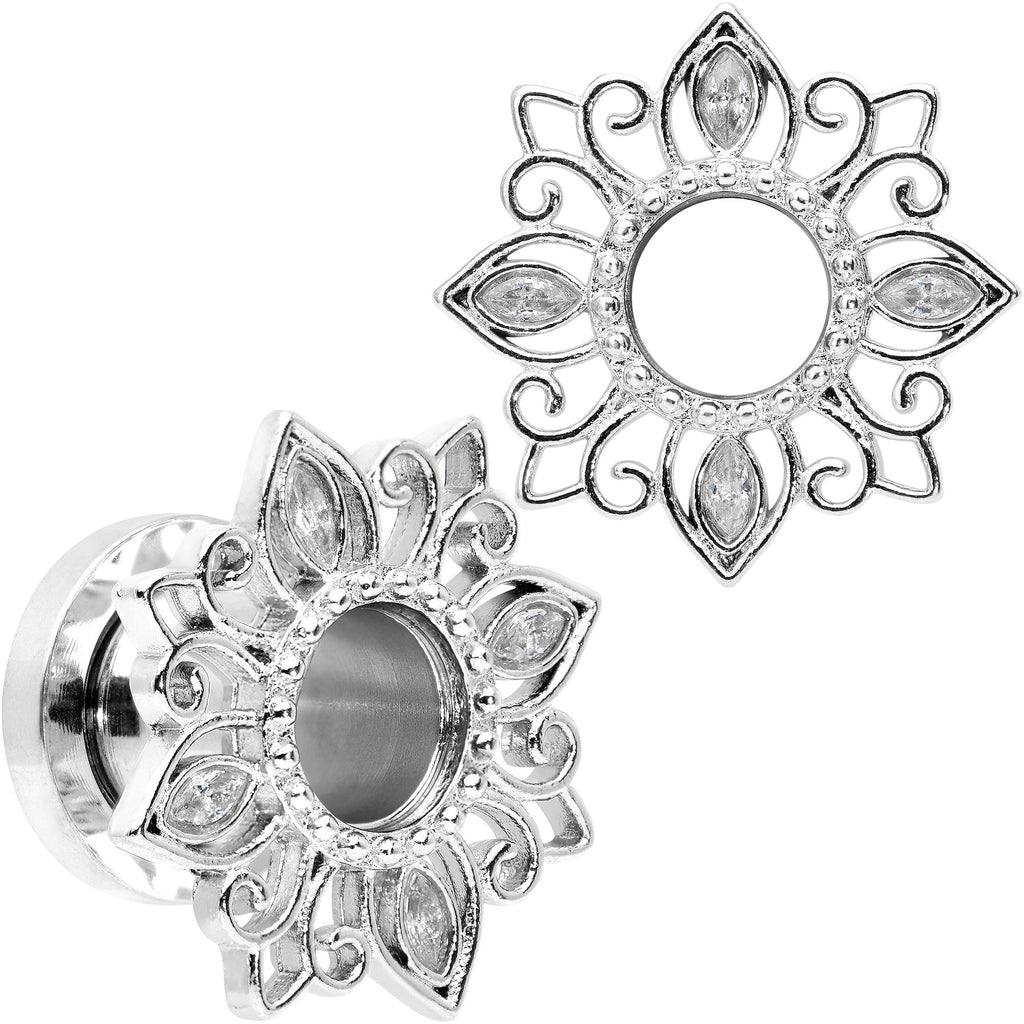 BodyCandy Clear Gem Floral Lotus Screw Fit Tunnel Plug Set — in-use photo