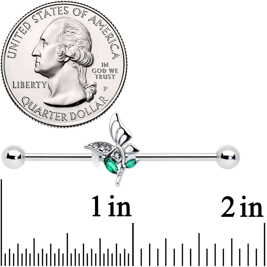 BodyCandy 14G Clear Green Gem Floral Butterfly Industrial Barbell 38mm — detail close-up