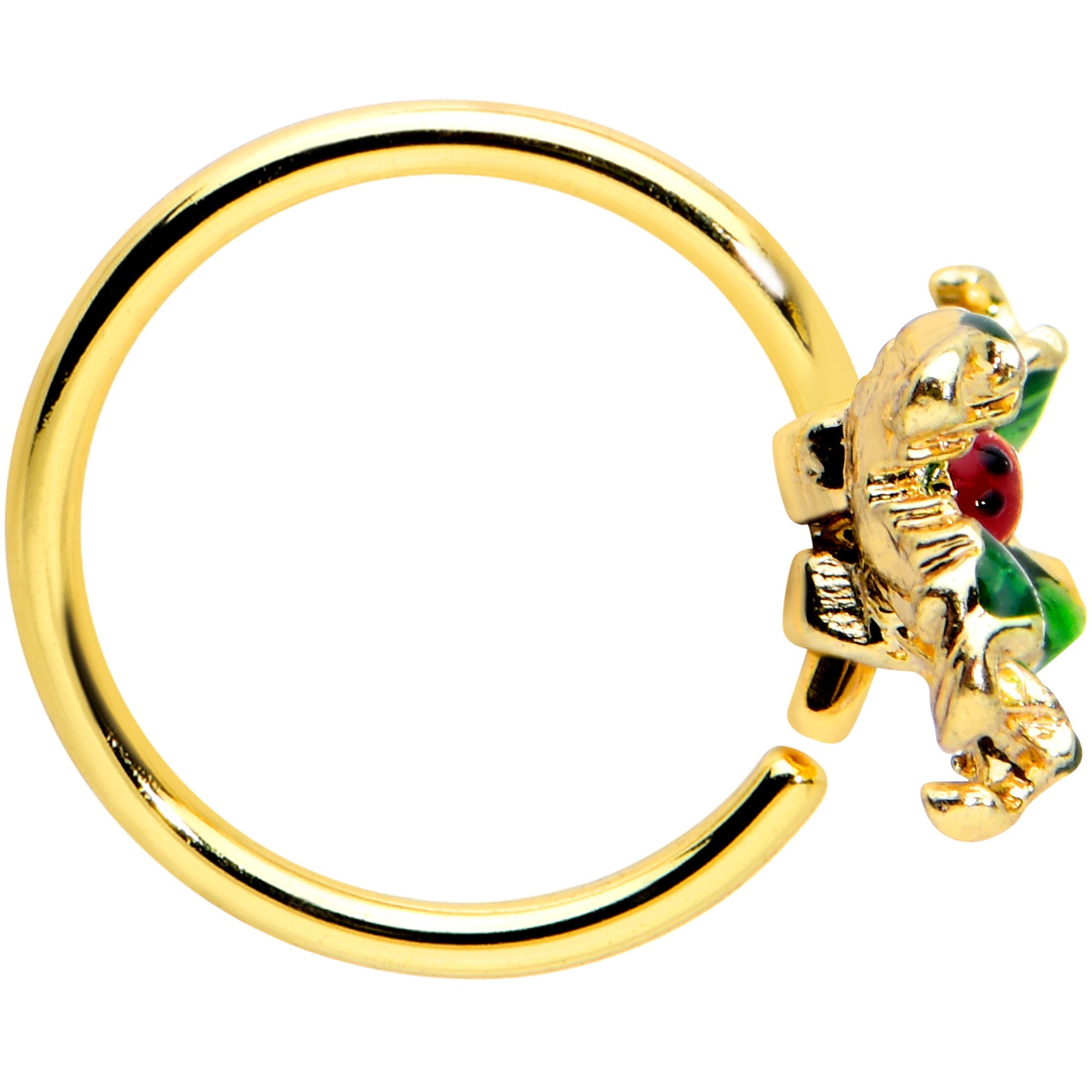 BodyCandy 20G 5/16 Gold Tone Tiny Ladybug Leaves Nose Hoop — lifestyle context