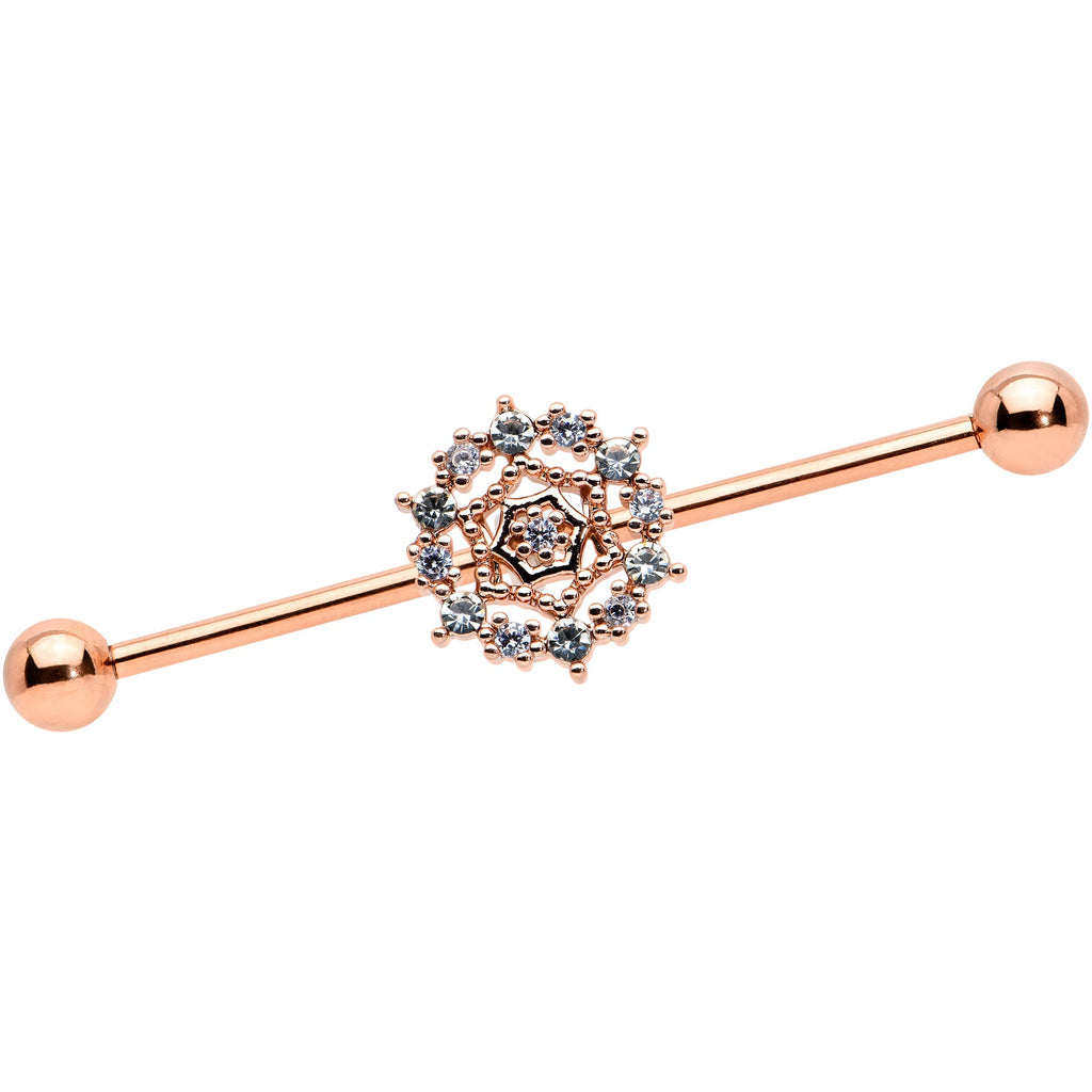 BodyCandy 14G Clear CZ Gem Rose Gold Tone Geo Web Industrial Barbell 38mm — main product shot