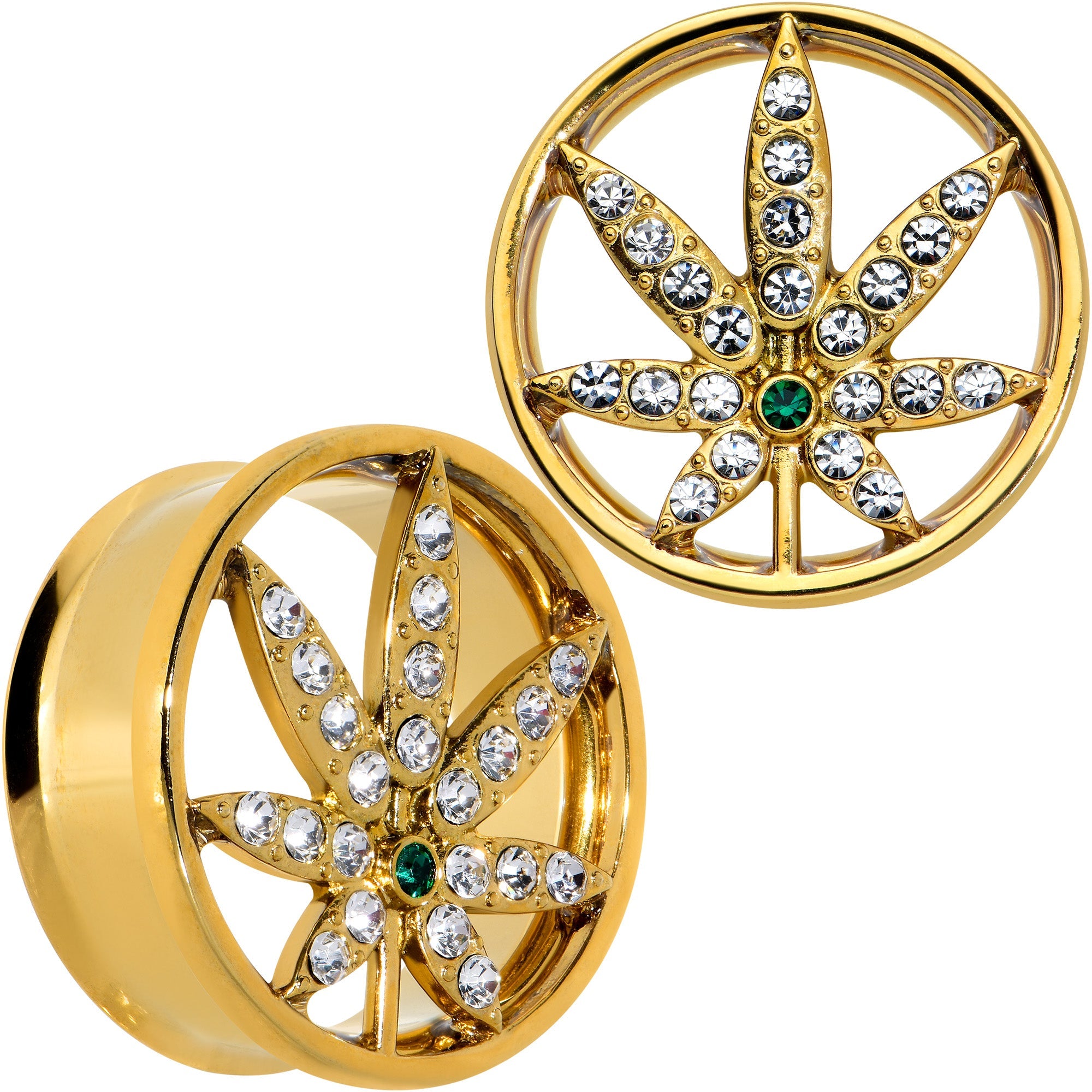 BodyCandy Green Gem Gold Tone Pot Leaf Double Flare Tunnel Plug Set — comparison shot