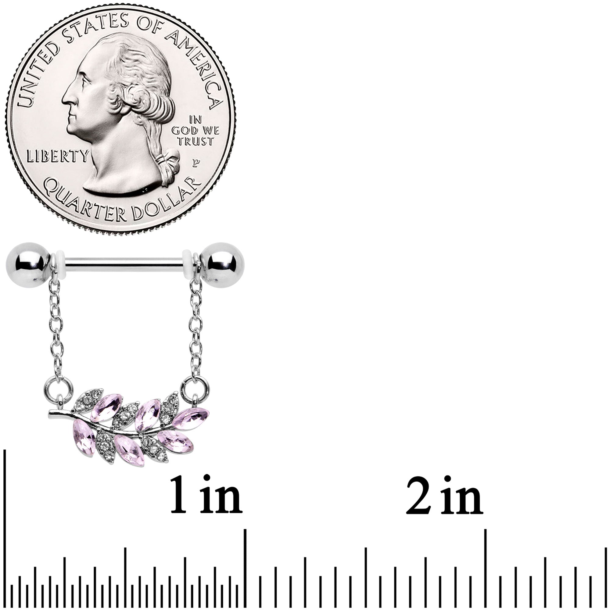 BodyCandy 14G 9/16 Clear Pink Gem Leafy Branch Dangle Nipple Ring Set — detail close-up