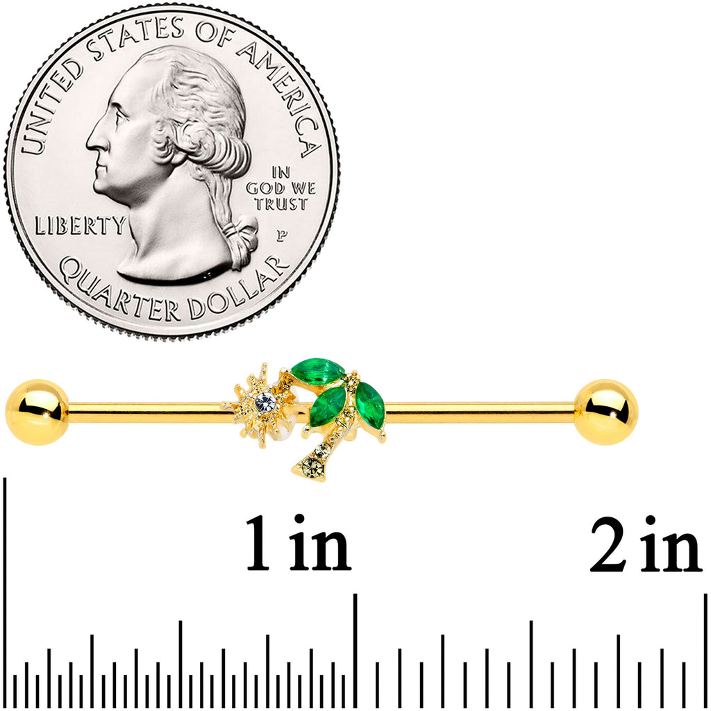 BodyCandy 14G Green Gem Gold Tone Sun Palm Tree Industrial Barbell 38mm — detail close-up