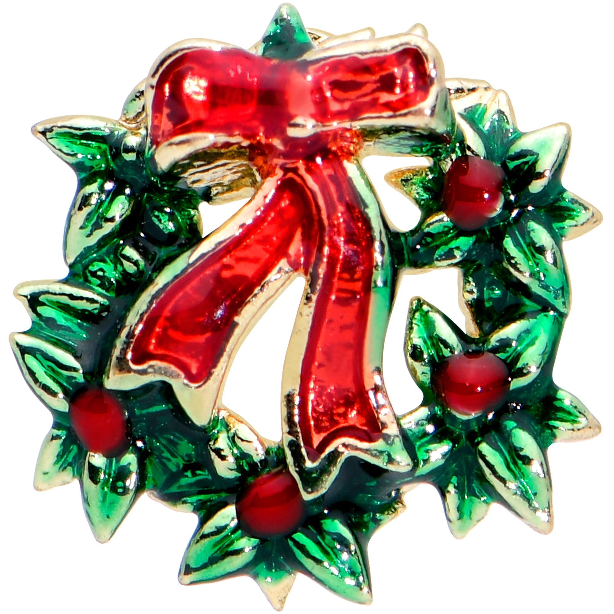 BodyCandy 16G 5/16 Gold Tone Festive Wreath Bow Christmas Labret Tragus — detail close-up