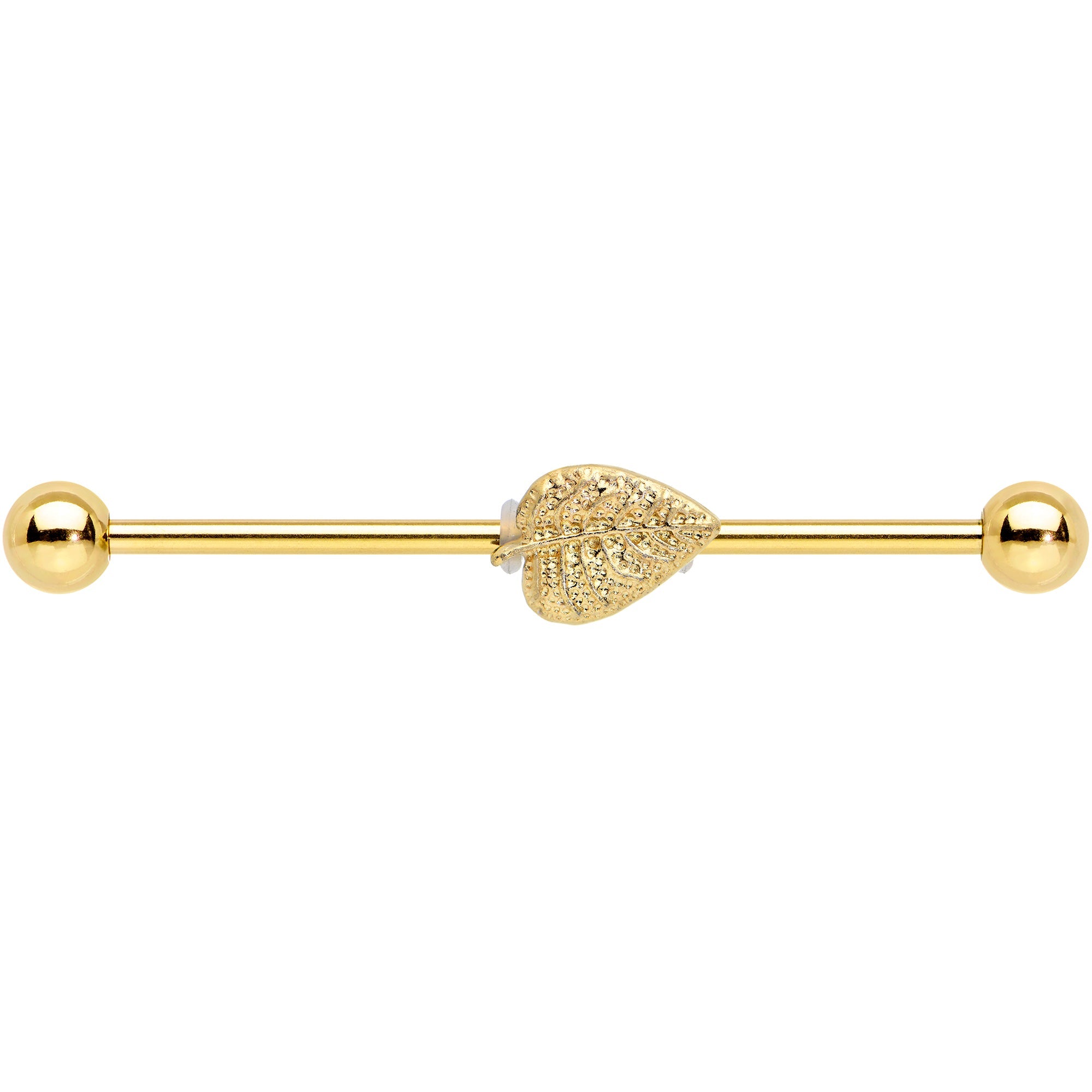 BodyCandy 14G Gold Tone Autumn Textured Leaf Industrial Barbell 38mm — detail close-up