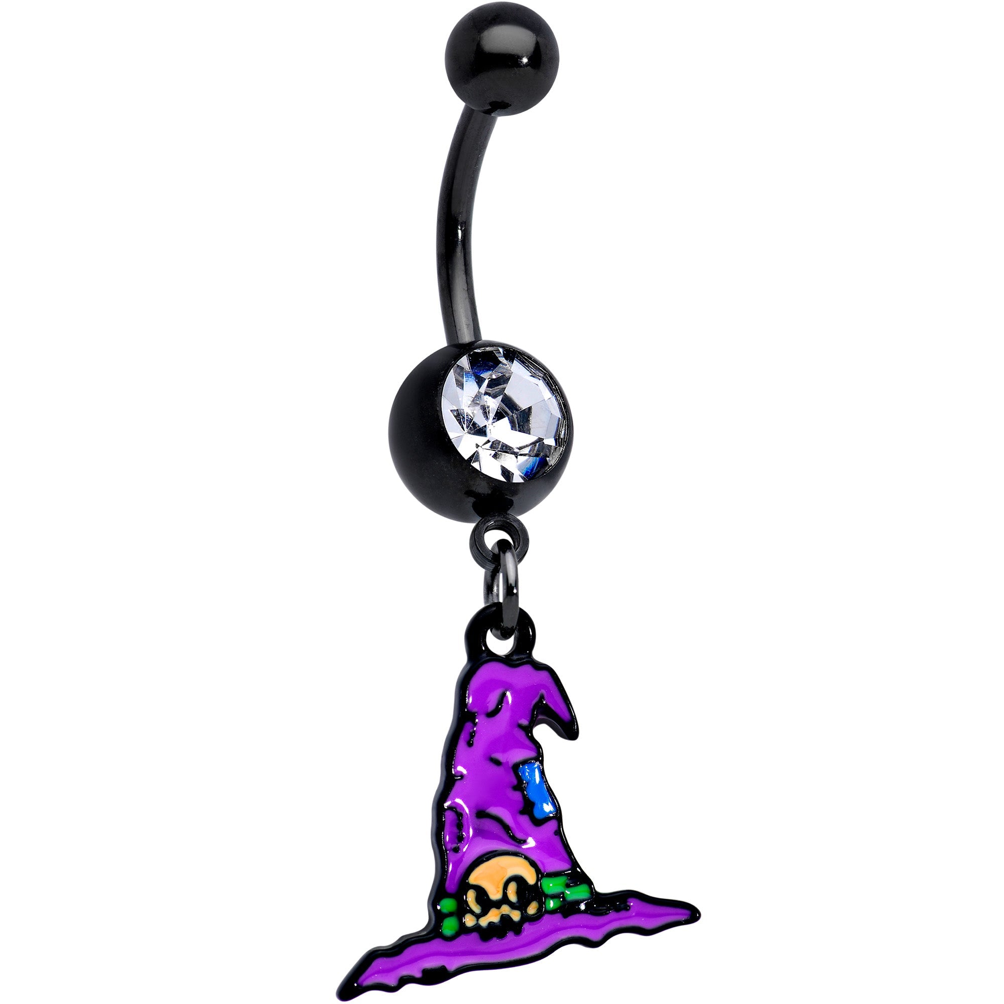 BodyCandy Clear Gem Black Witches Purple Hat Halloween Dangle Belly Ring — main product shot
