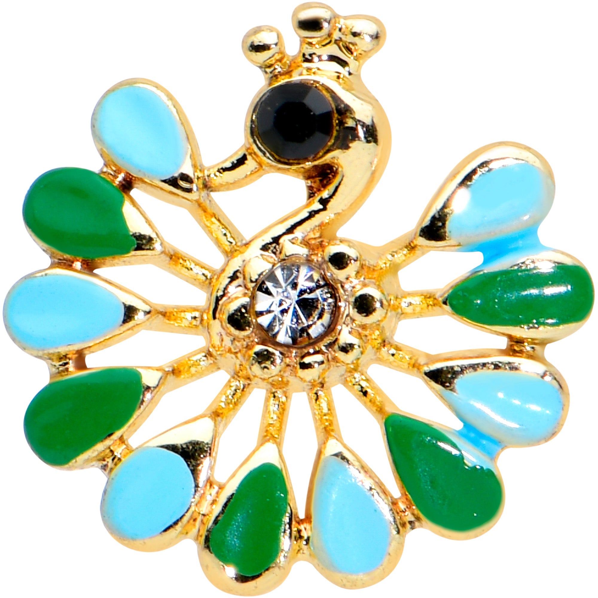 BodyCandy 16G 5/16 Clear Black Gem Gold Tone Pretty Peacock Labret Tragus — detail close-up