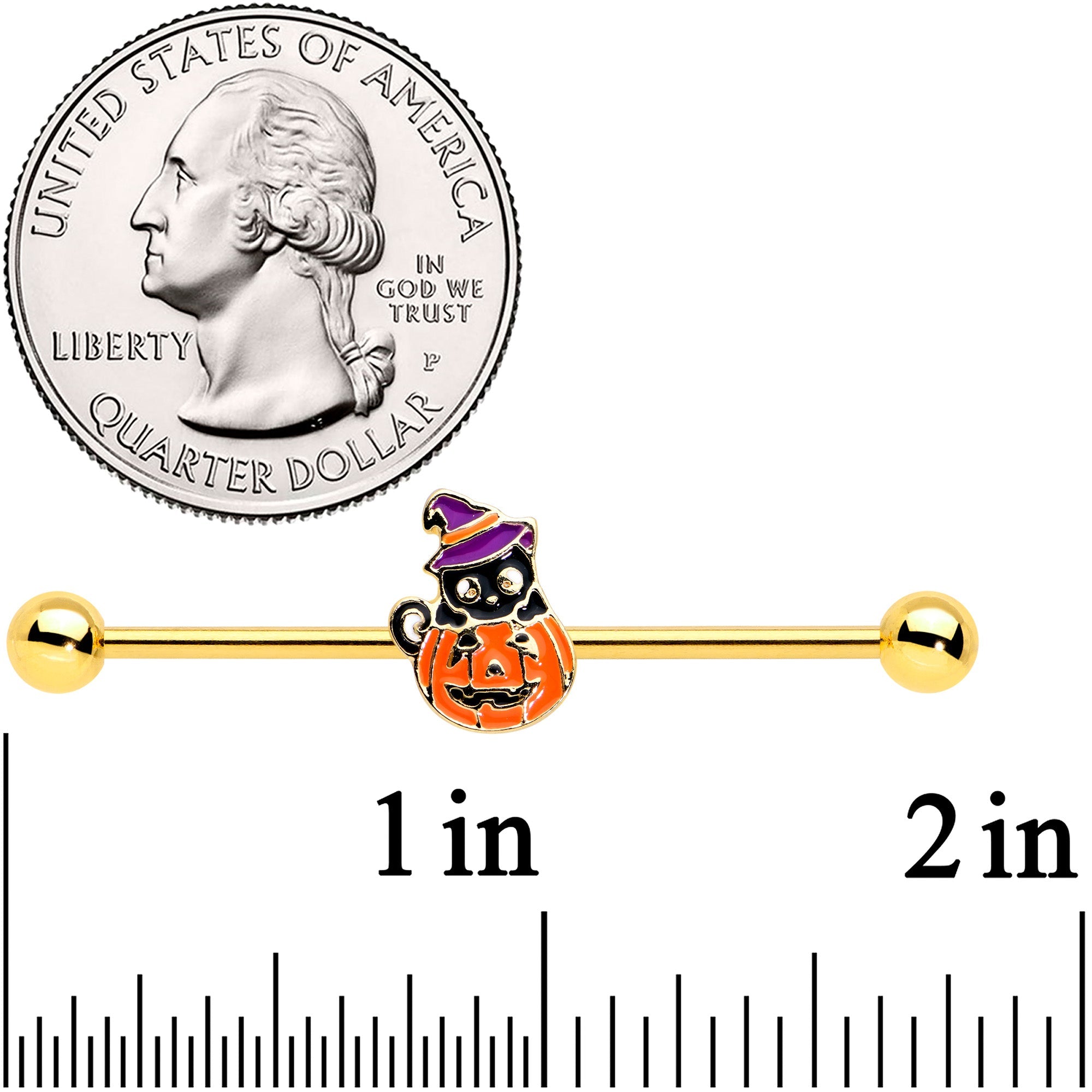 BodyCandy 14G Gold Tone Black Cat Witch Halloween Industrial Barbell 38mm — detail close-up