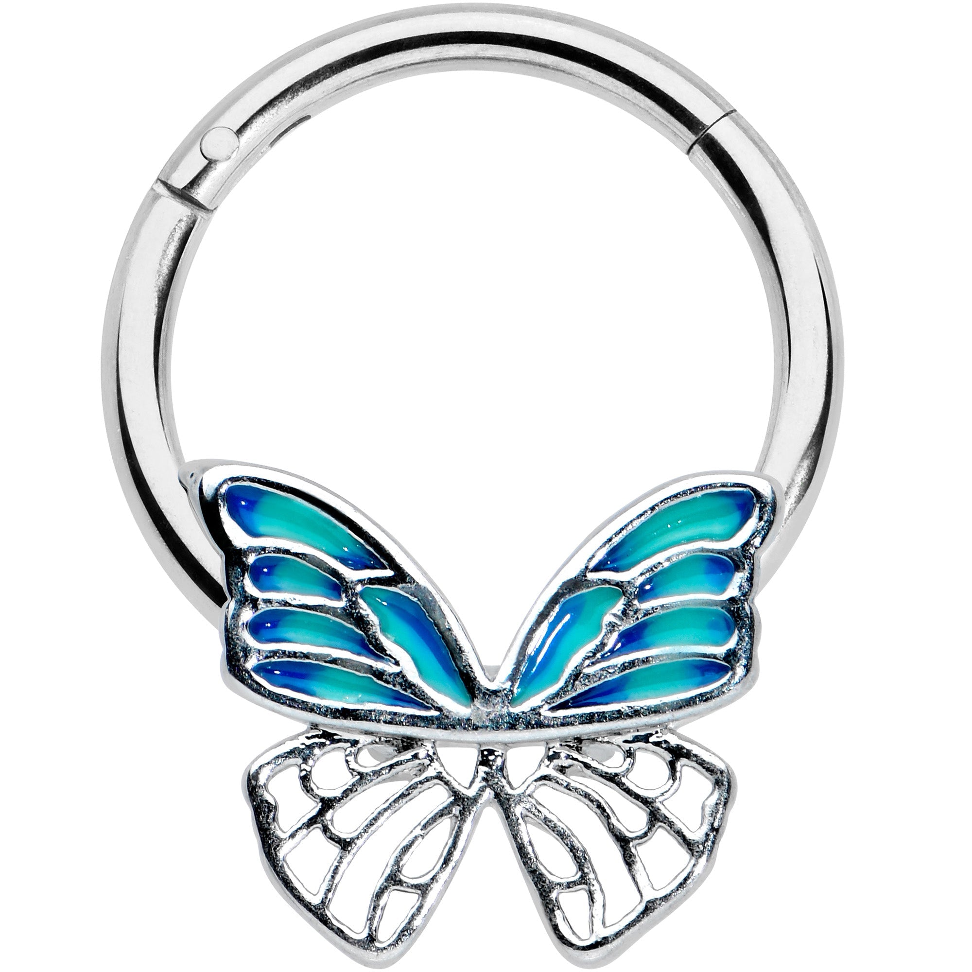 BodyCandy 16G 3/8 Simple Blue Butterfly Wings Hinged Segment Ring — main product shot