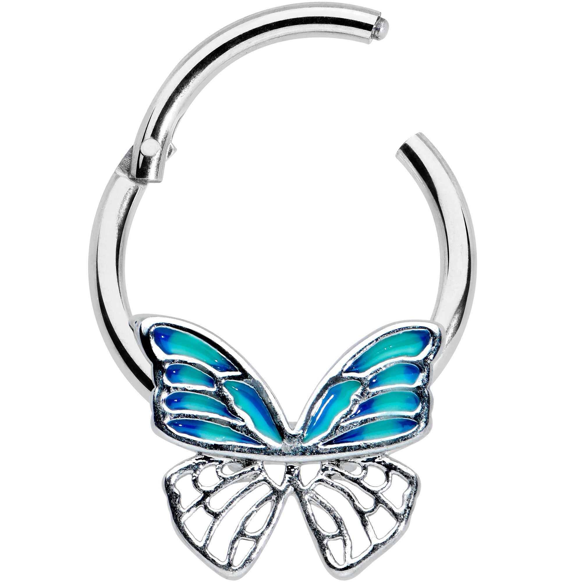 BodyCandy 16G 3/8 Simple Blue Butterfly Wings Hinged Segment Ring — detail close-up
