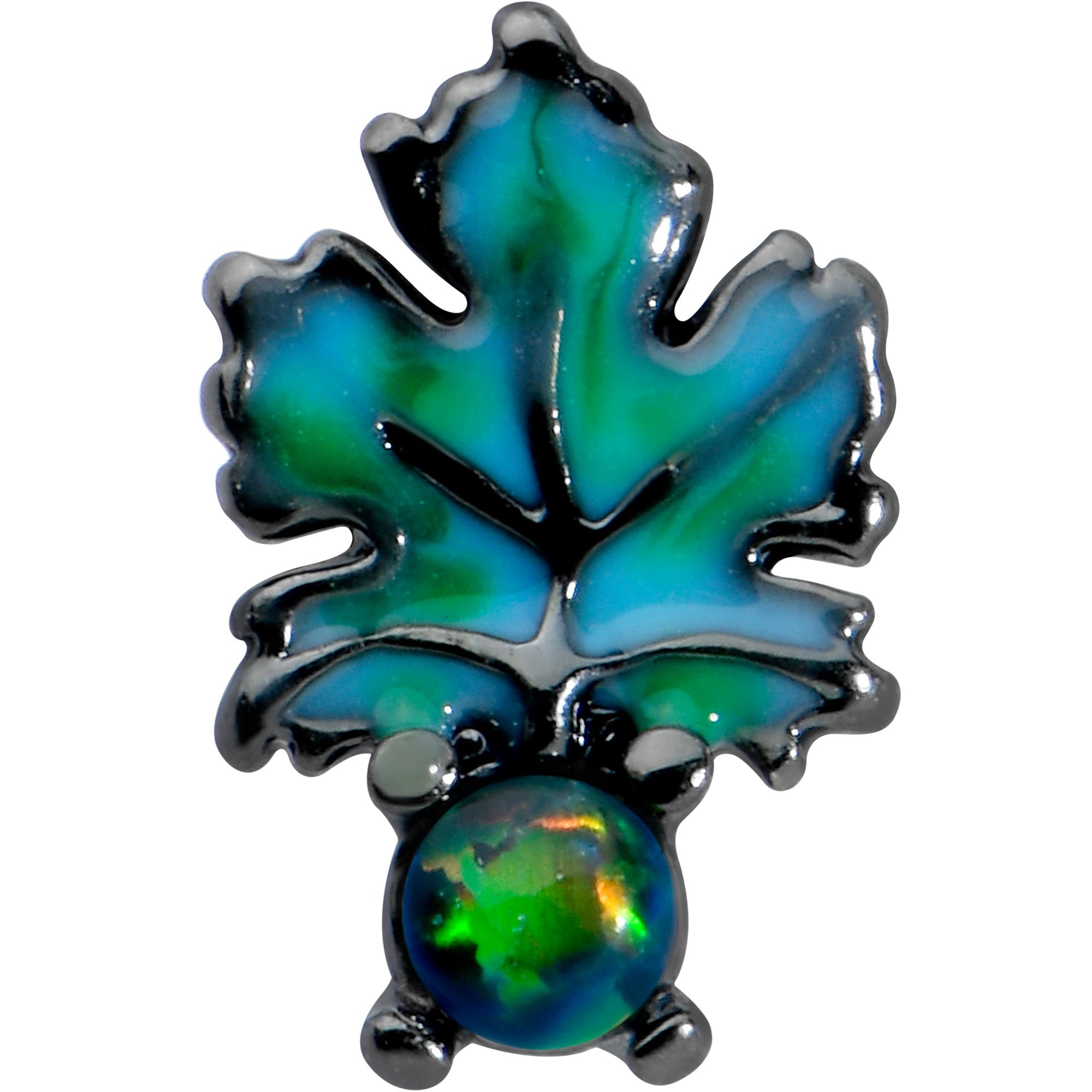 BodyCandy 16G 5/16 Green Synthetic Opal Black Fall Leaf Labret Monroe Tragus — detail close-up