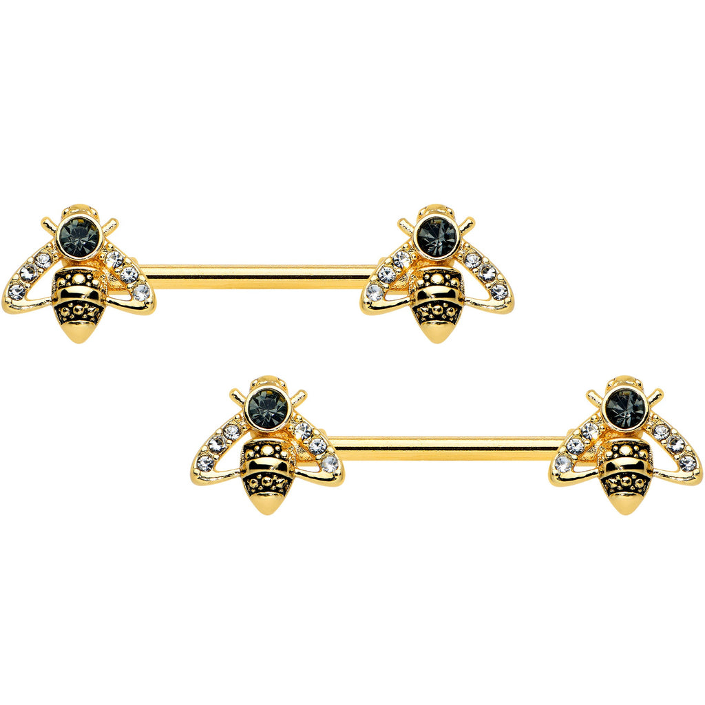 BodyCandy 14G 9/16 Clear Black Gem Gold Tone Angular Bee Nipple Ring Set — main product shot