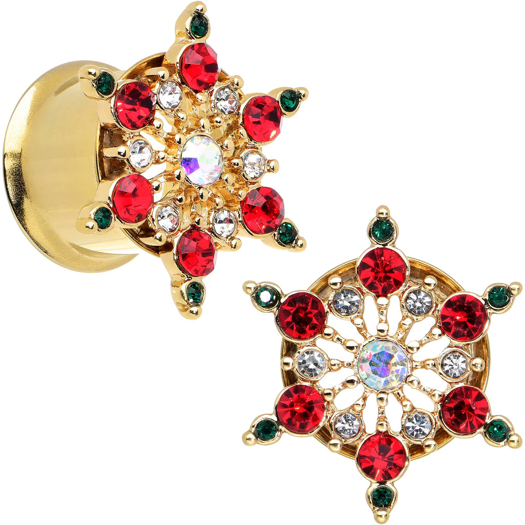 BodyCandy Red Green Gem Gold Tone Bright Christmas Double Flare Plug Set — detail close-up