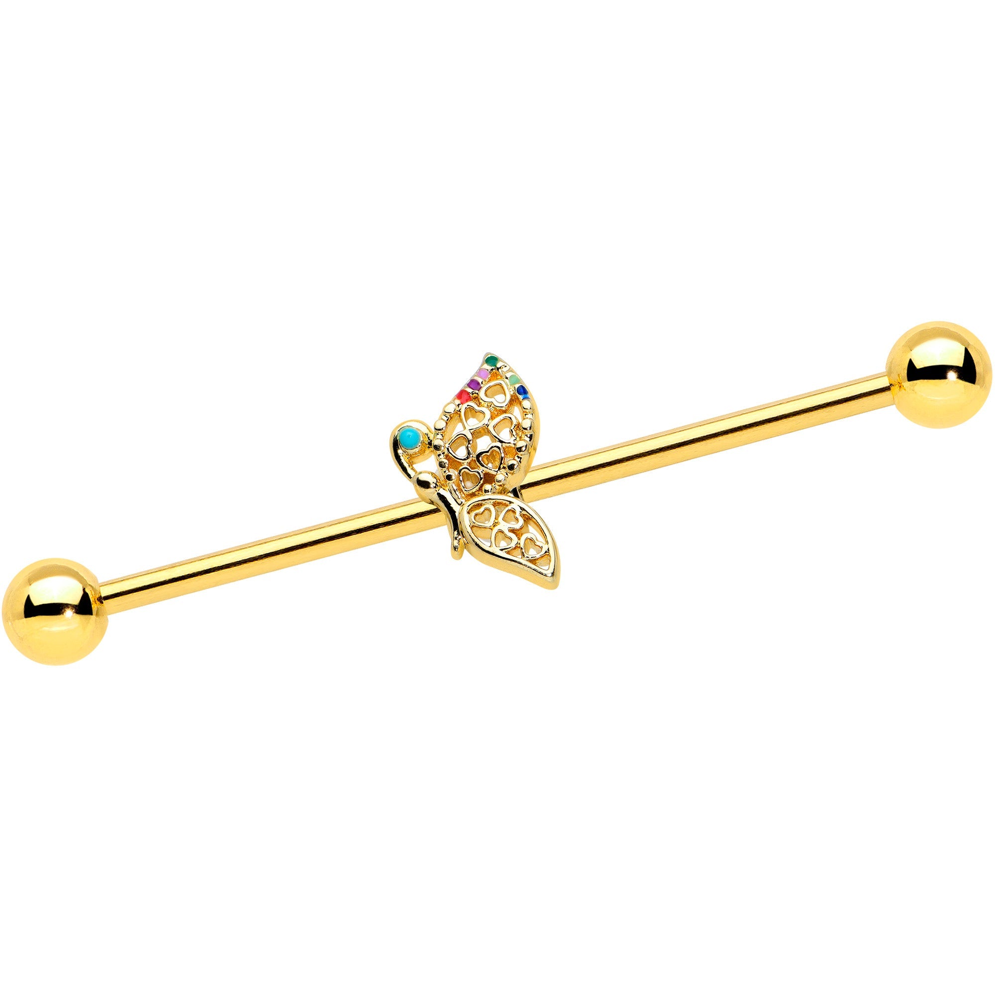 BodyCandy 14G Gold Tone Colorful Hearts Butterfly Industrial Barbell 38mm — main product shot
