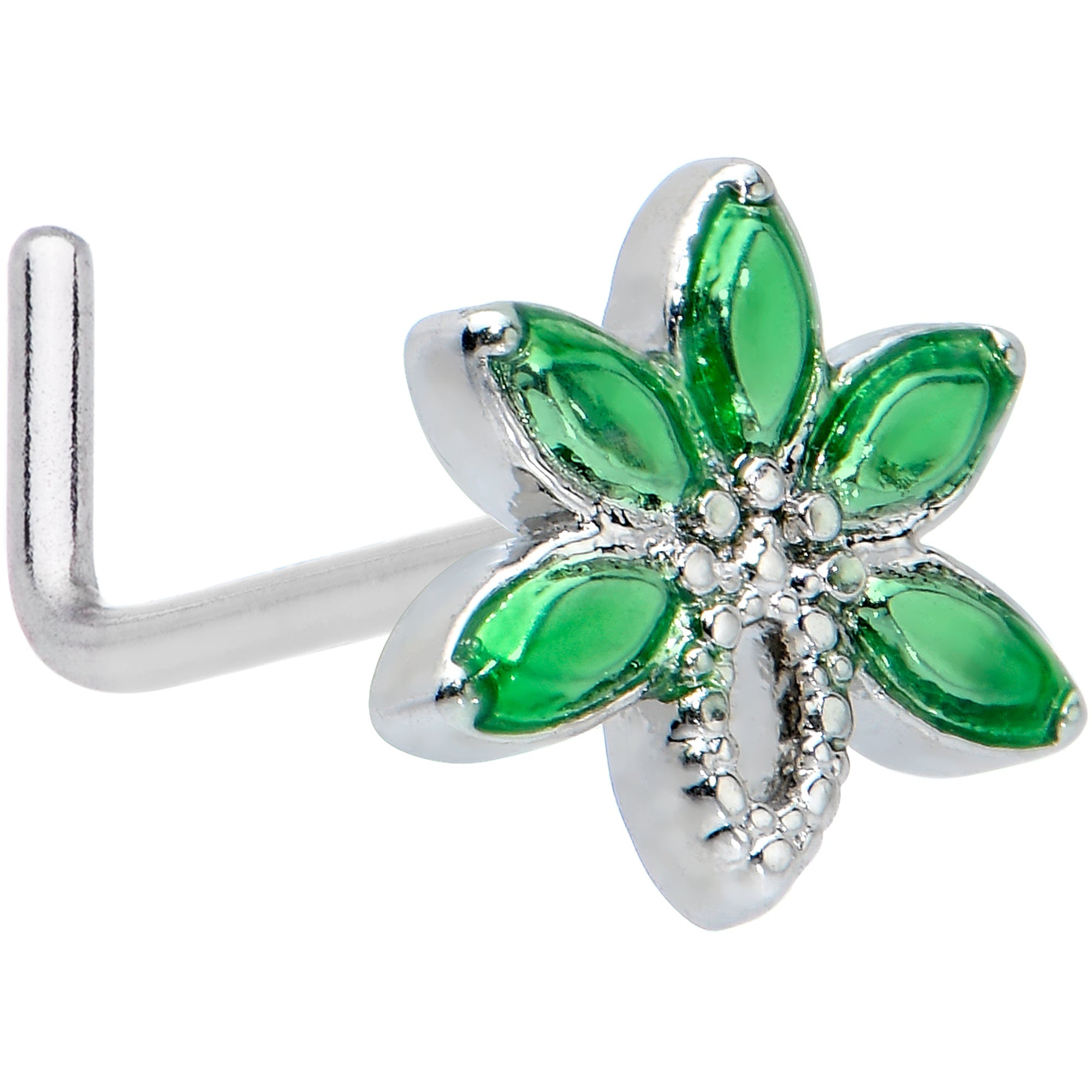 BodyCandy 20G 1/4 Green Gem Loopy Pot Leaf L Shape Nose Ring — main product shot