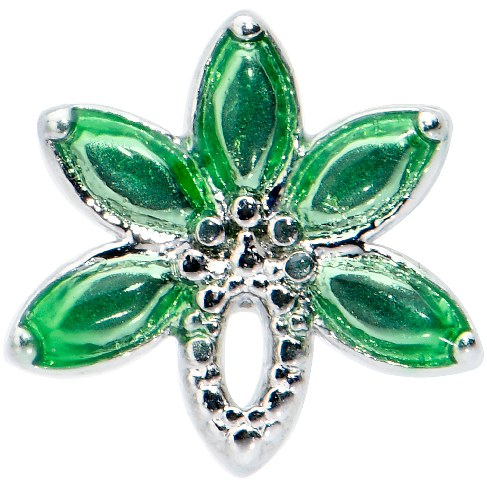 BodyCandy 20G 1/4 Green Gem Loopy Pot Leaf L Shape Nose Ring — detail close-up