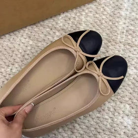 Women's Two-Tone Cap Toe Ballet Flats with Bow – Slip-On Hidden Platform