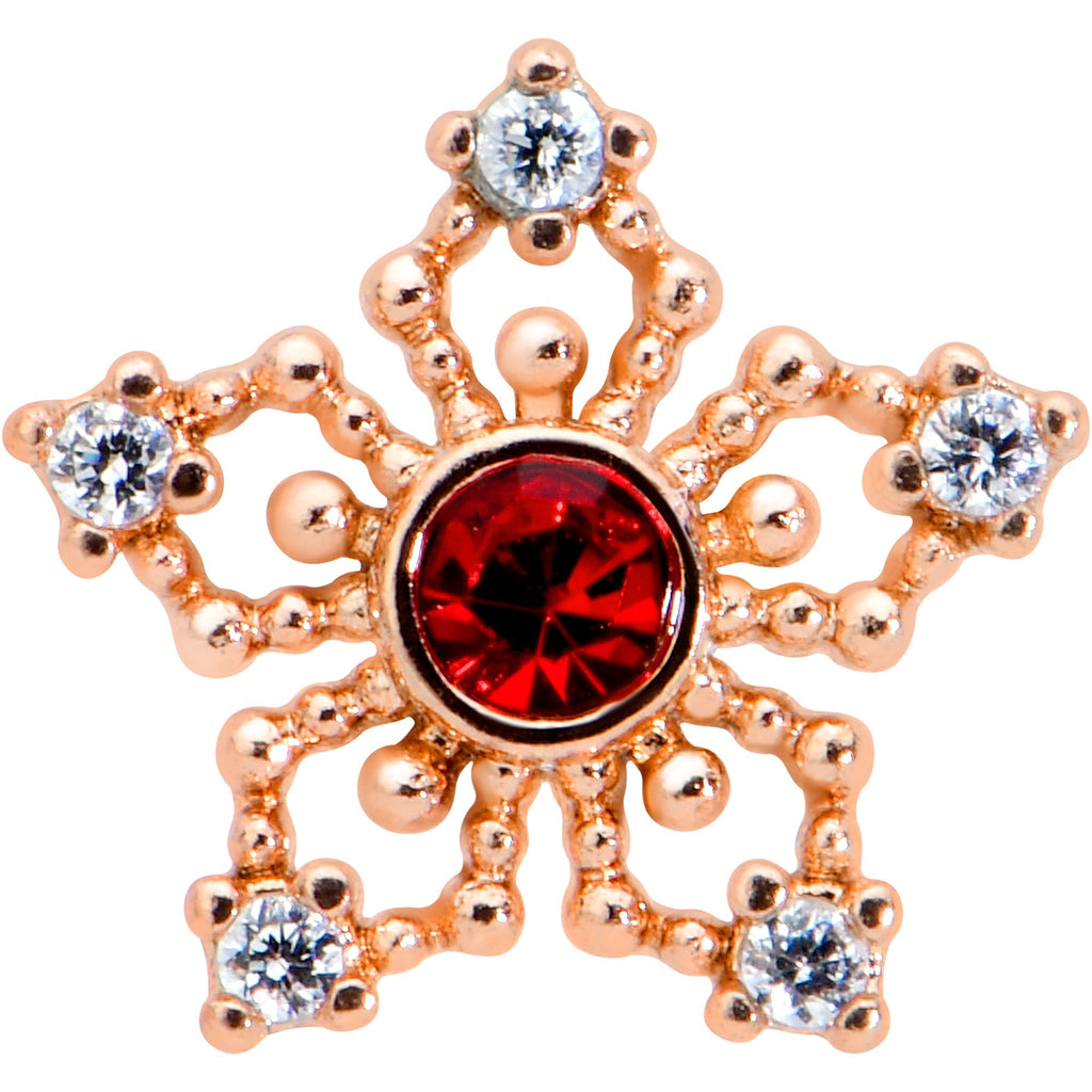 BodyCandy 16G 1/4 Red Gem Rose Gold Tone Texture Snowflake Labret Tragus — detail close-up