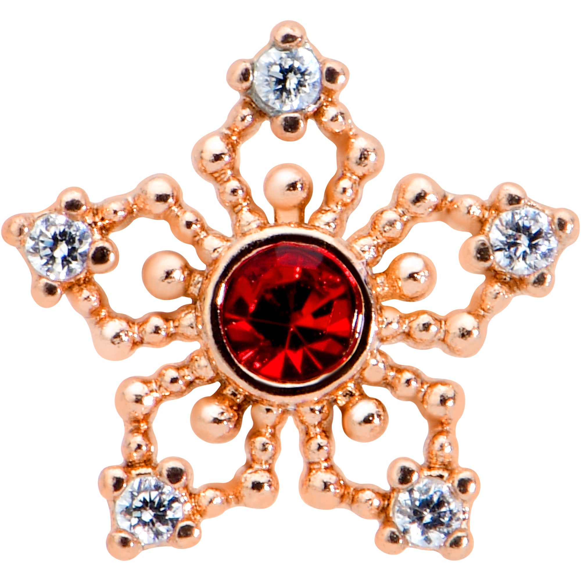 BodyCandy 16G 1/4 Red Gem Rose Gold Tone Texture Snowflake Labret Tragus — detail close-up