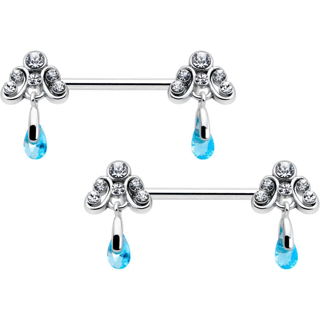 BodyCandy 14G 9/16 Blue Gem Scrolling Elegance Dangle Nipple Ring Set — main product shot