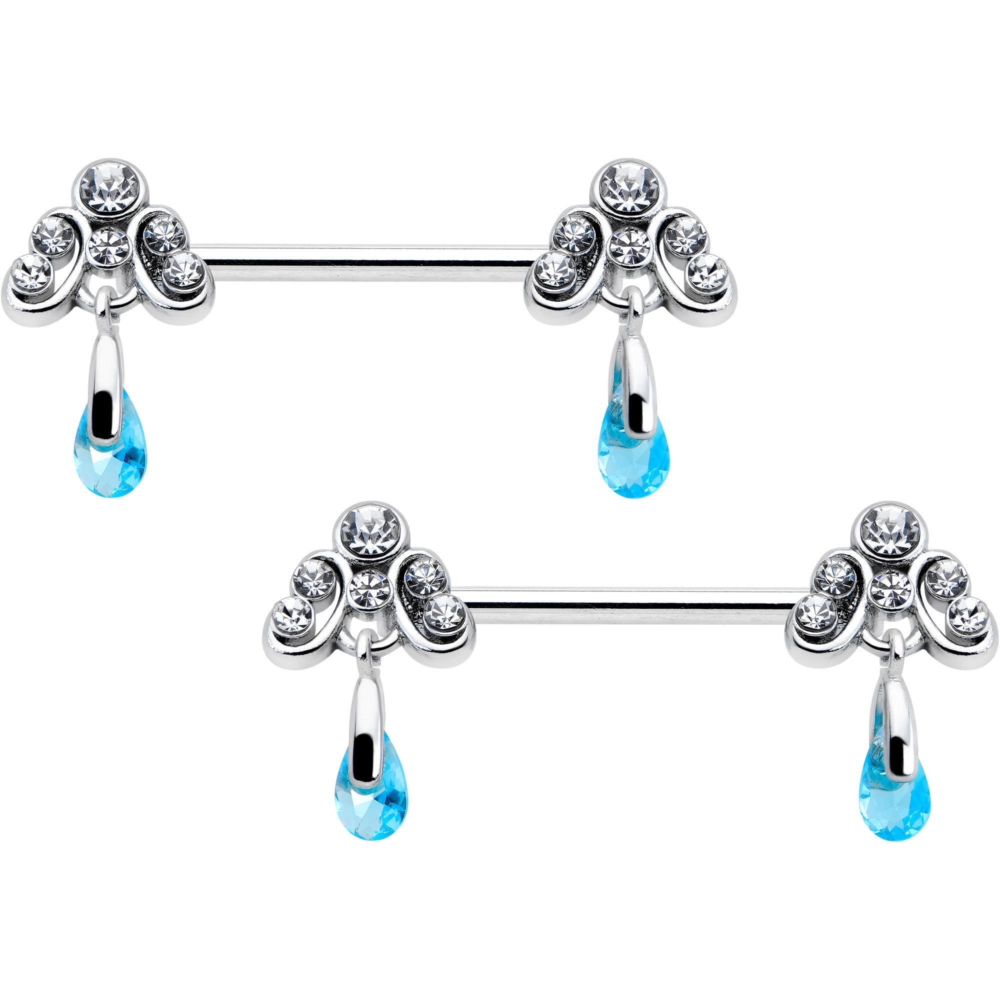 BodyCandy 14G 9/16 Blue Gem Scrolling Elegance Dangle Nipple Ring Set — main product shot