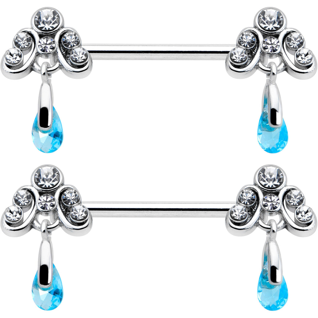 BodyCandy 14G 9/16 Blue Gem Scrolling Elegance Dangle Nipple Ring Set — detail close-up